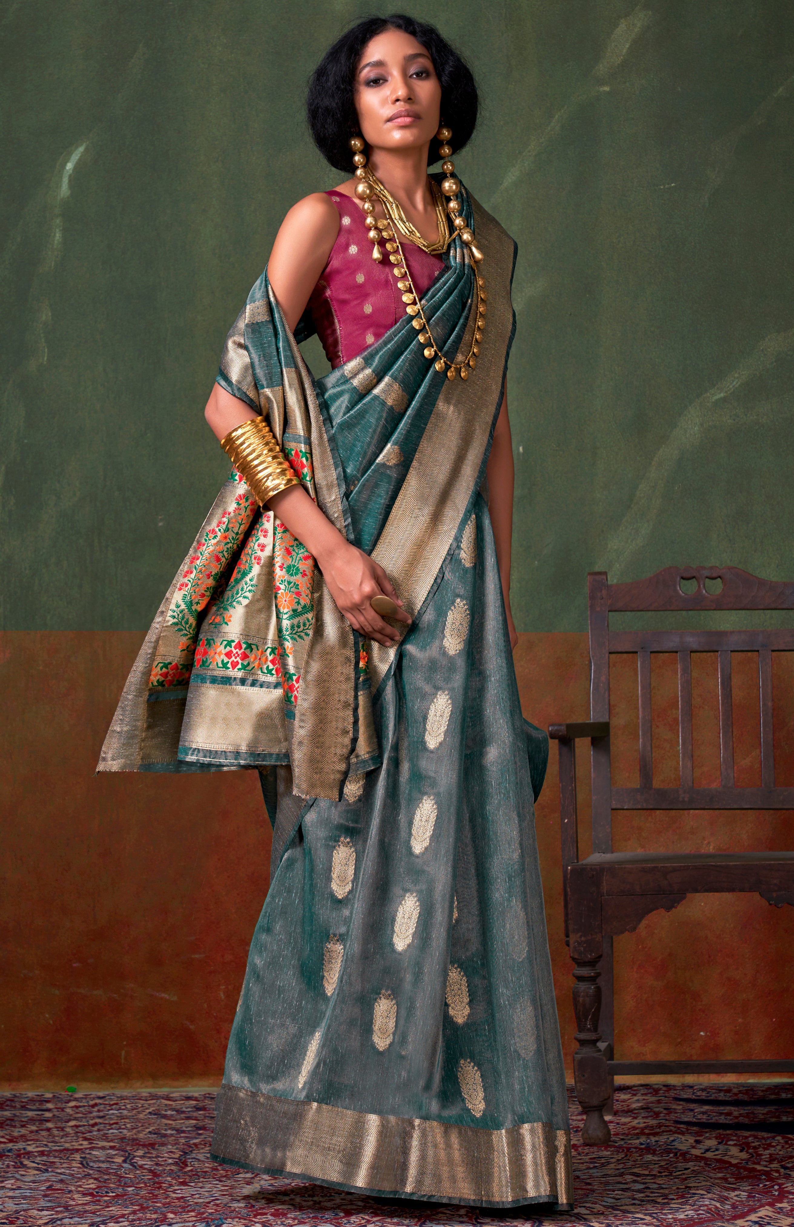 Grey Color Tissue Silk Saree With  Jacquard Woven Work