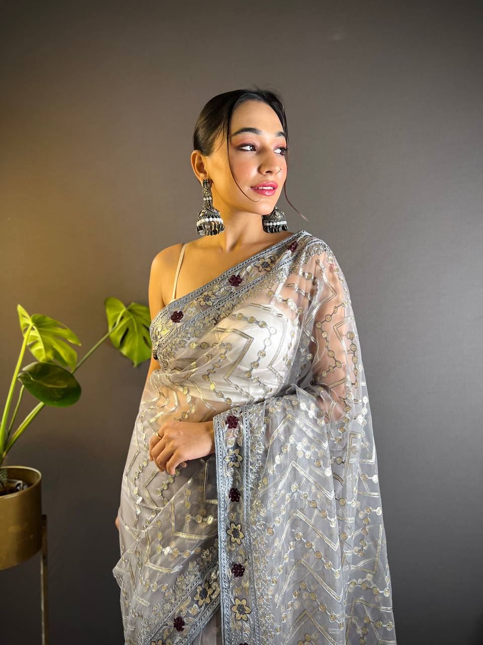 Grey Colour Butterfly Net Embrodiery Work Saree