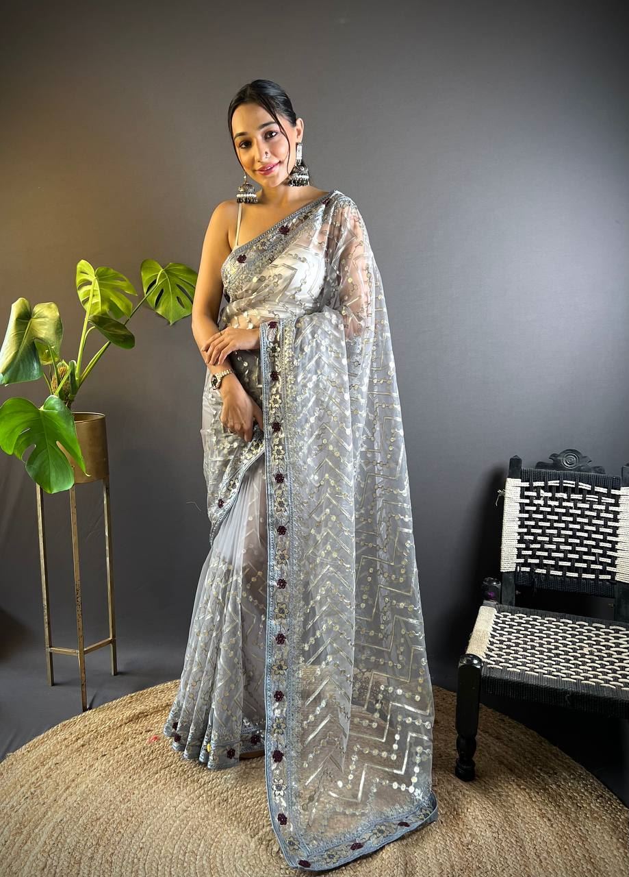Grey Colour Butterfly Net Embrodiery Work Saree