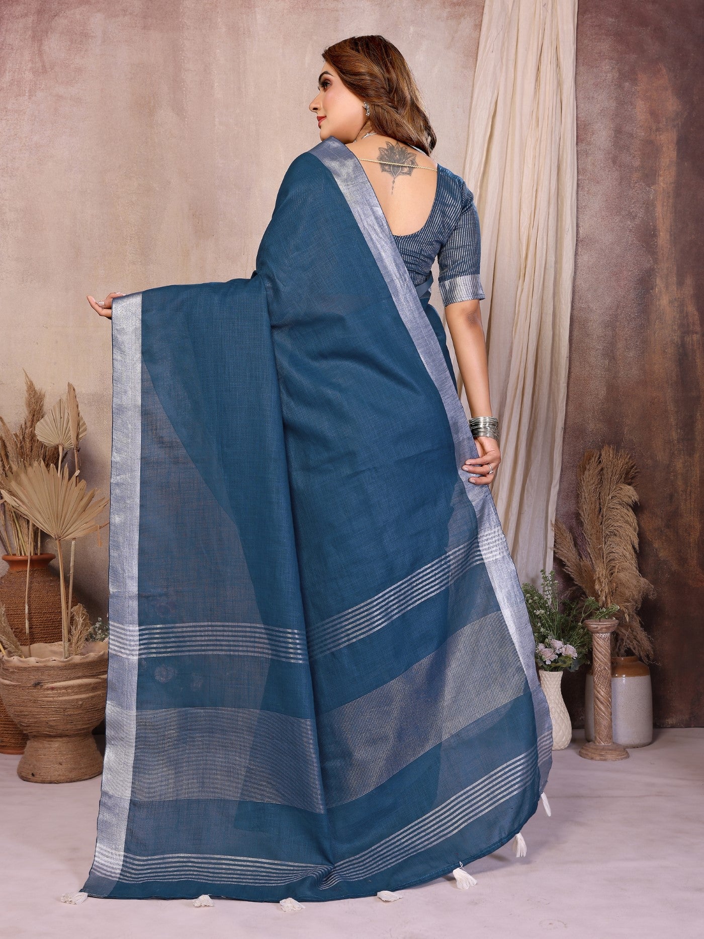 Grey Cotton Saree With Premium Silver Zari Border