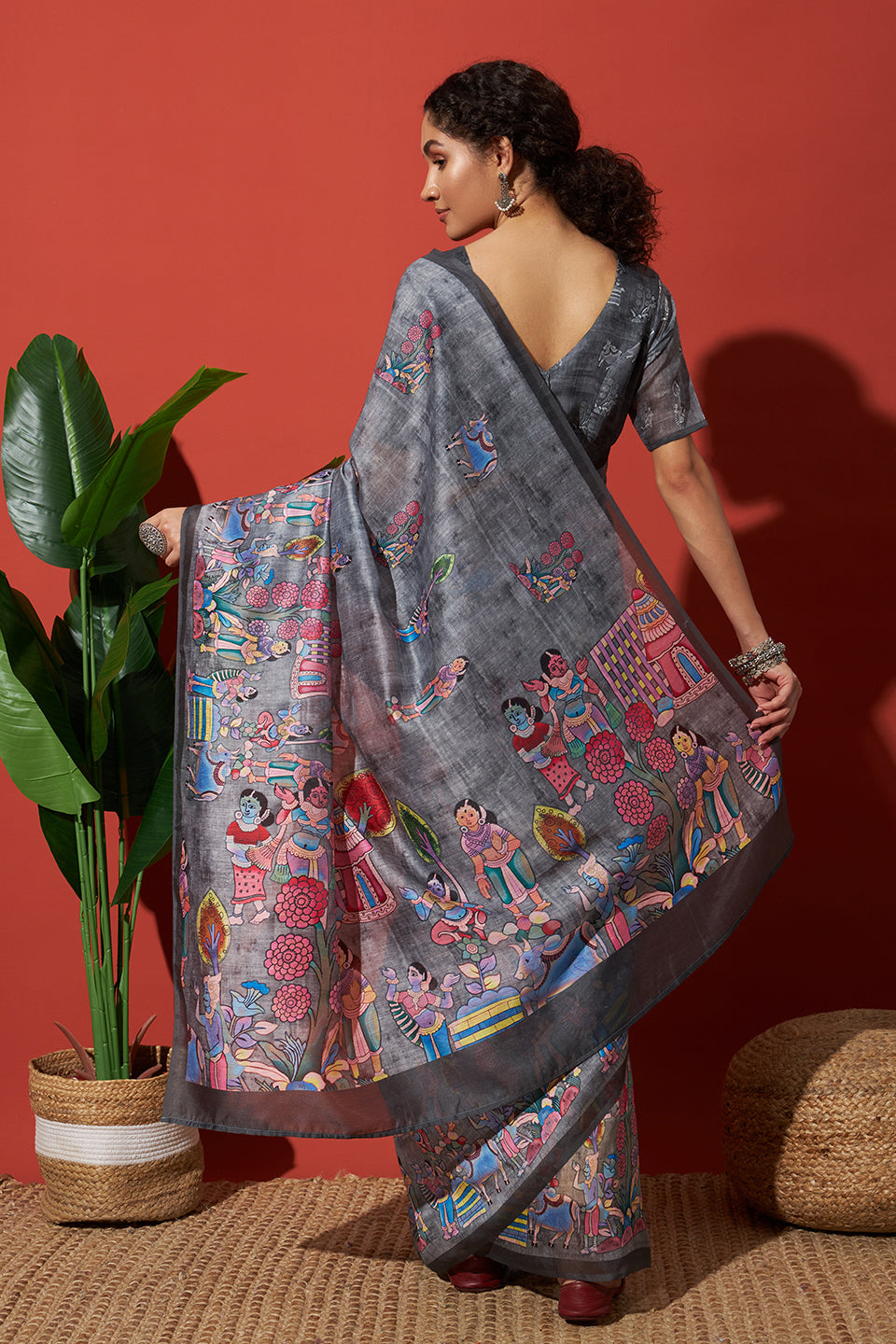 Grey Cotton Silk Designer Digital Printed Ethnic Ceremonial Saree