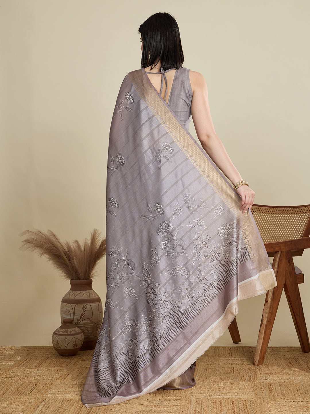 Grey Cotton Woven Border Designer And Printed Ceremonial Saree