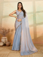 Grey Designer Beads Embroidery Work Fendy Satin Bollywood Style Saree