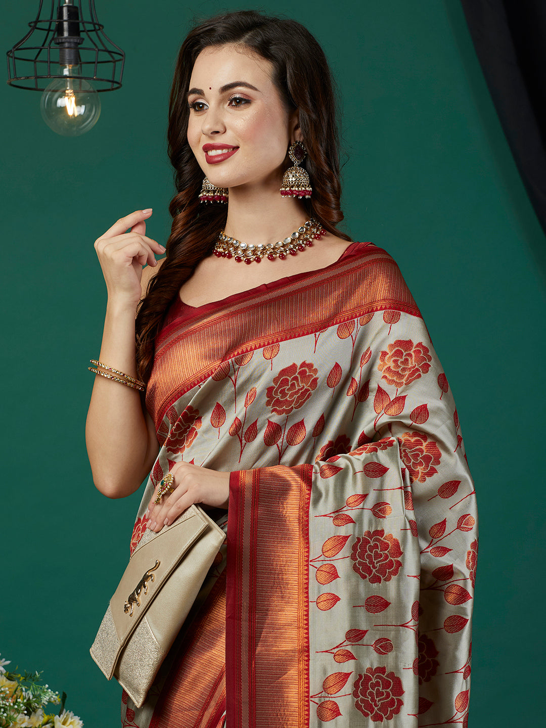 Grey Ethnic Banarasi Silk Saree With Floral Woven Designer Looks