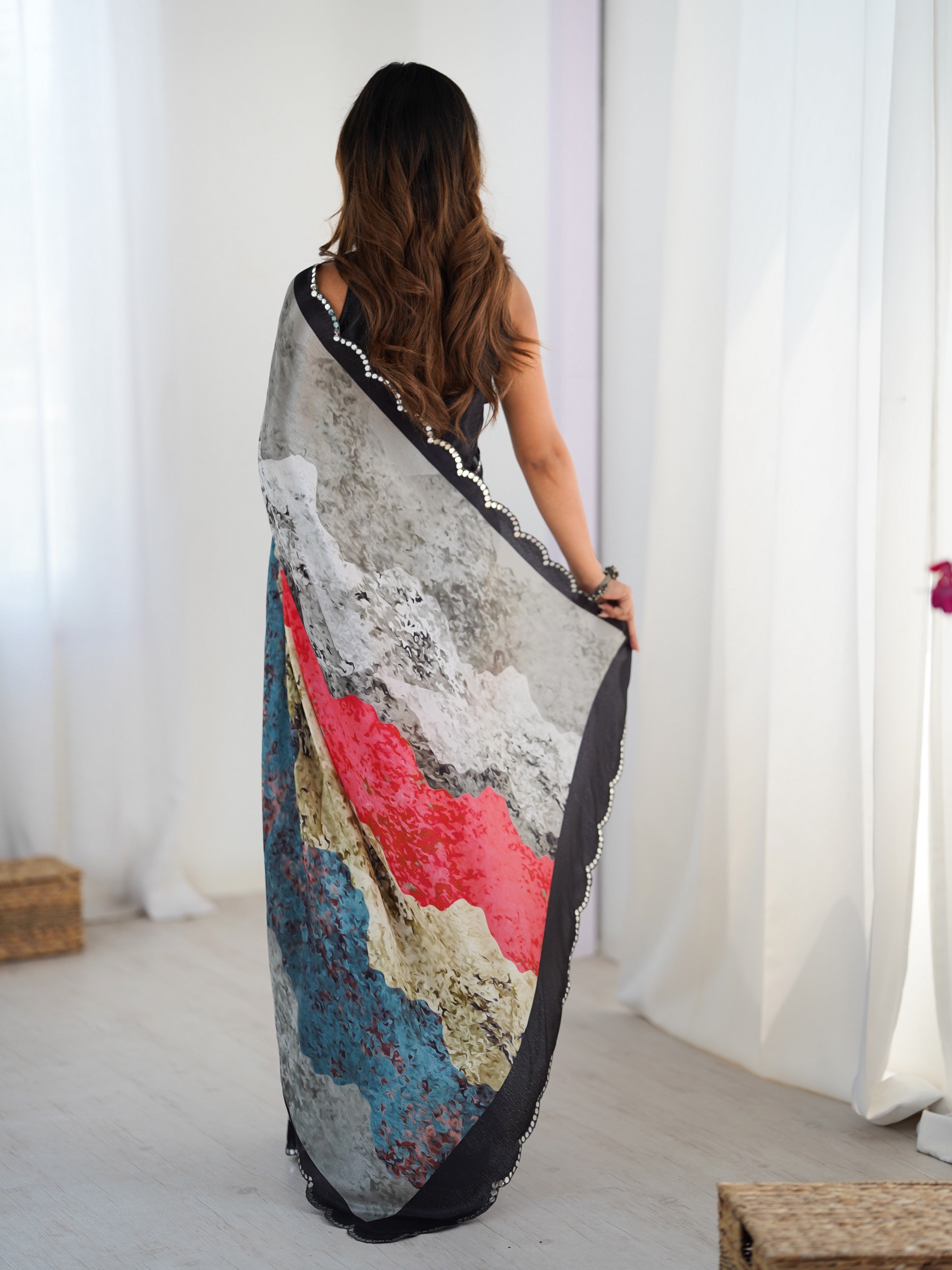 Grey Ethnic Partywear Digital Printed Saree With Stylish Cut Border