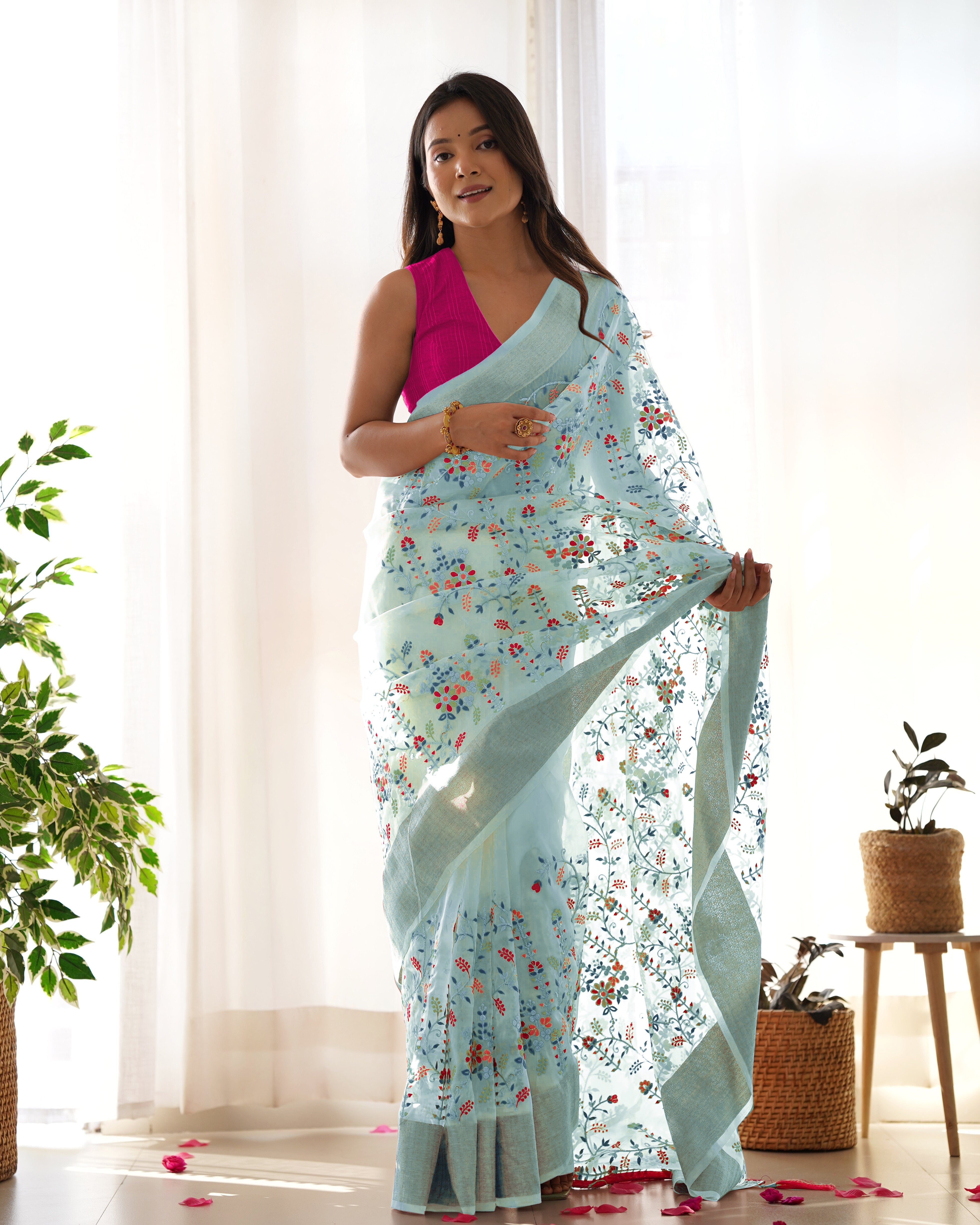 Grey Girlie Organza Saree With Beautiful Resham Embroidery Work