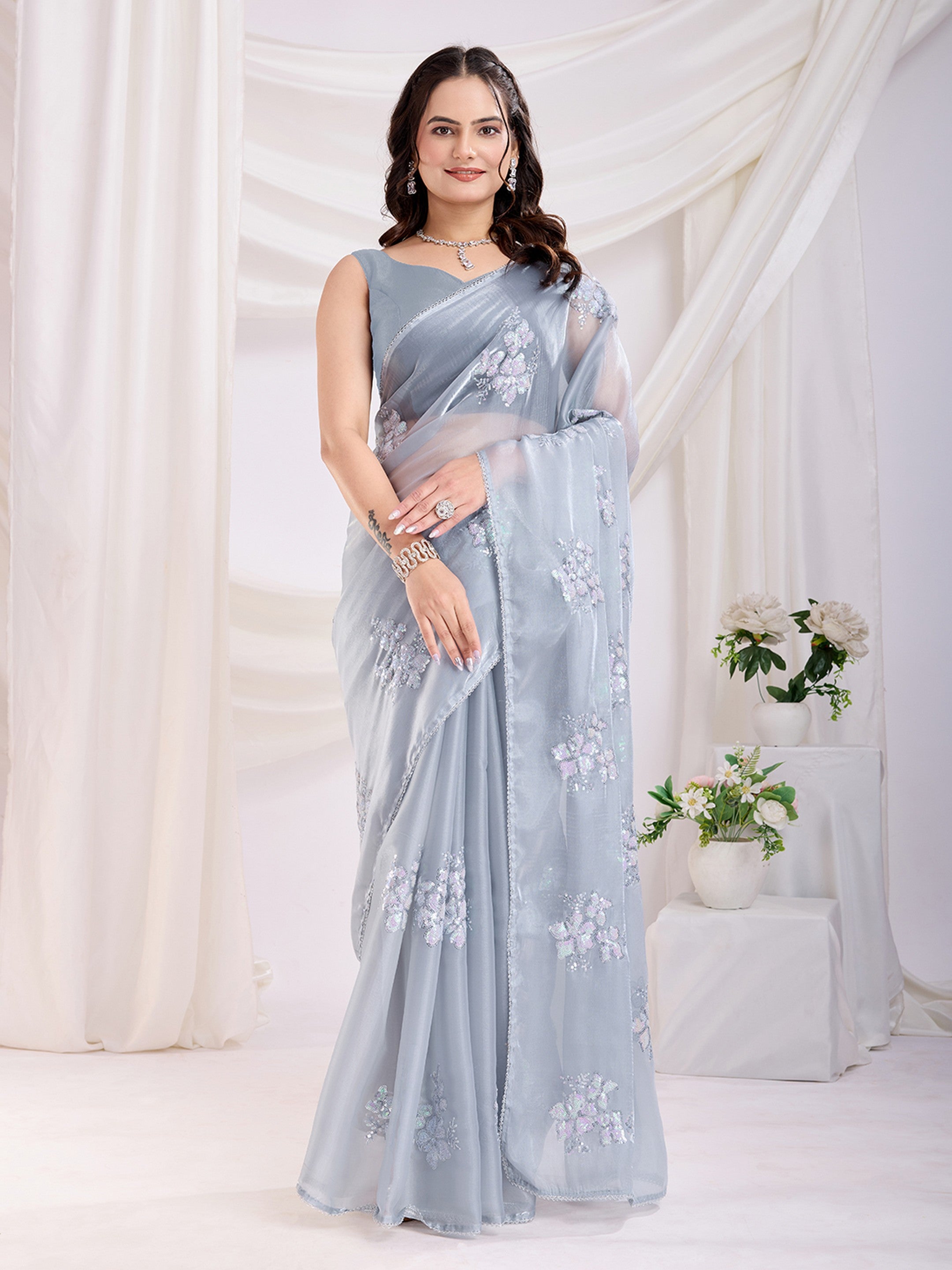 Grey Jimmi Choo Sequins Embroidery Work Ethnic Party Saree