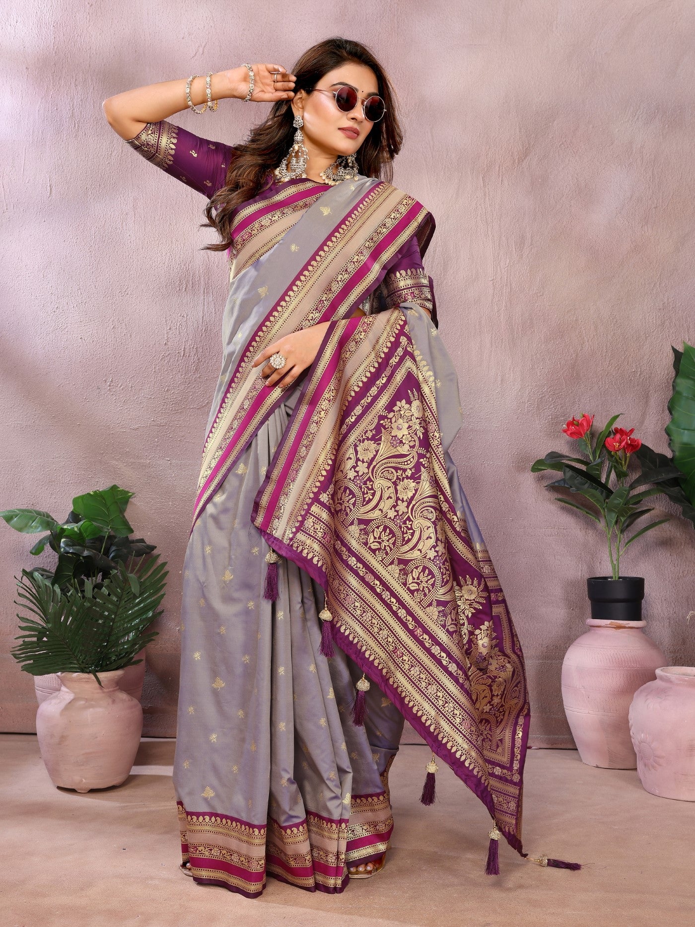 Grey Kalamkari Silk Saree With Traditional Weaving