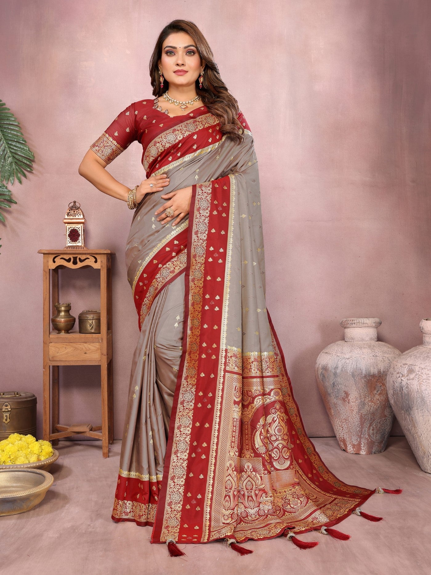 Grey Kalamkari Silk Saree With Zari Woven