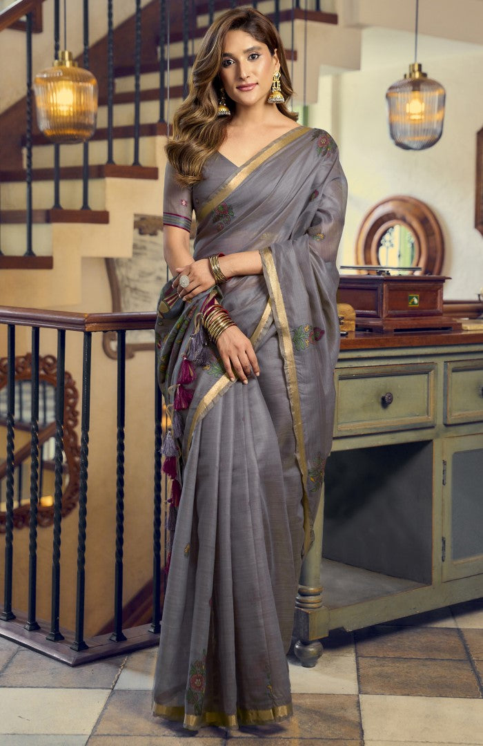 Grey Kolkata Cotton Saree with Premium Fancy Tassel Detailing