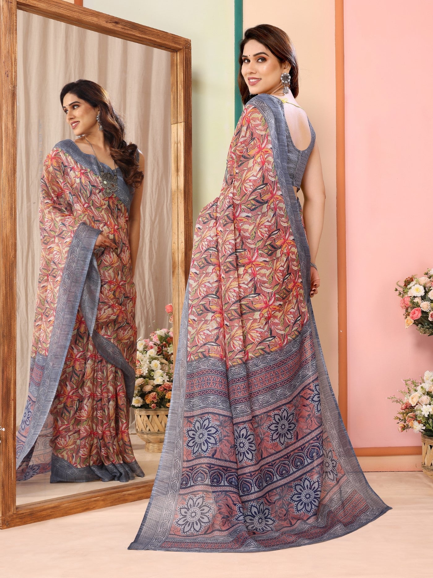 Grey Kota Doriya Saree with Print