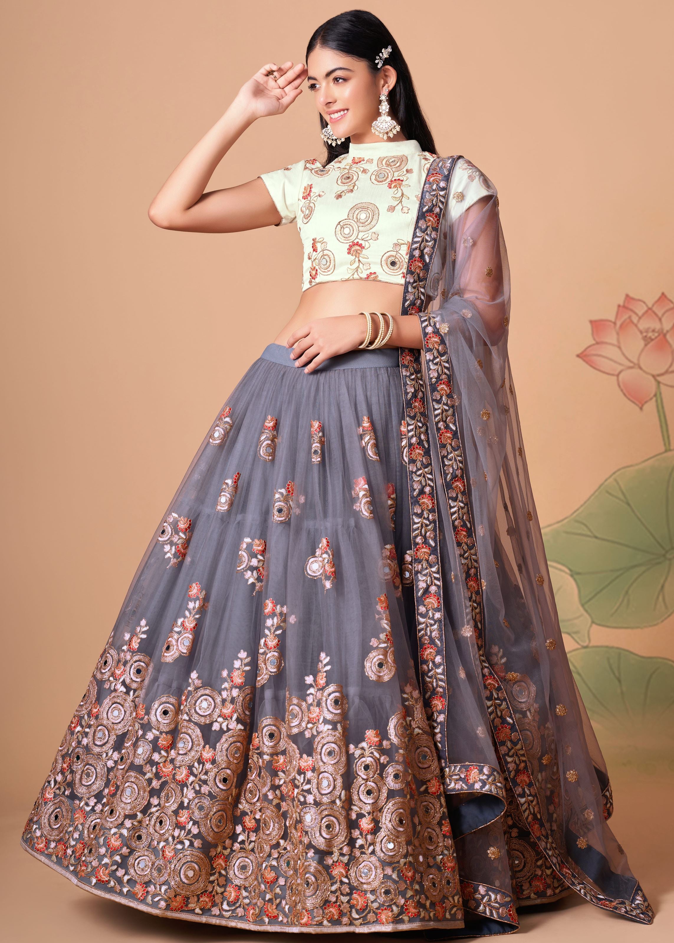 Grey Lehenga Choli With   Thread, Zari, Dori And Sequins Embroidery With Mirror Work