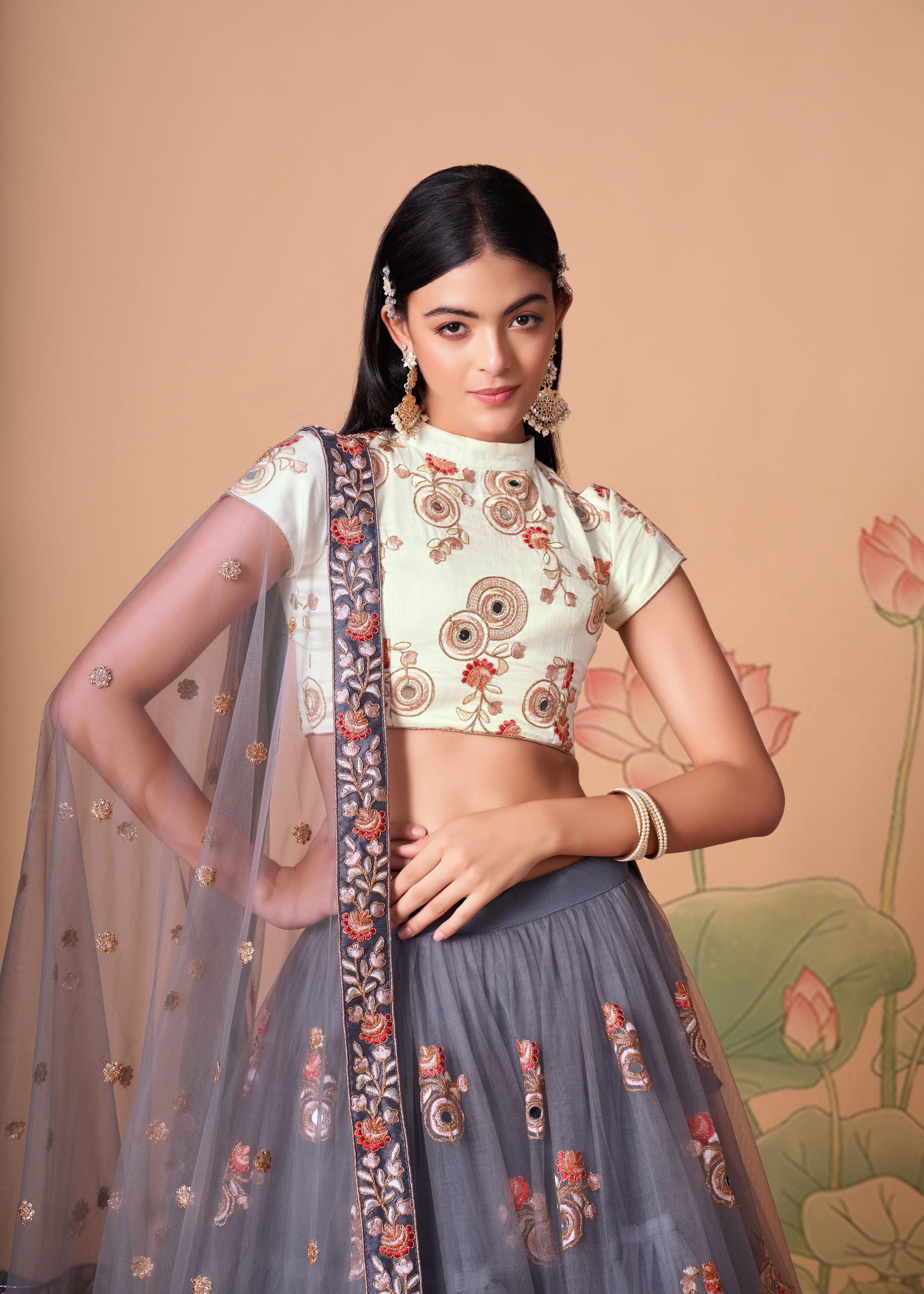 Grey Lehenga Choli With   Thread, Zari, Dori And Sequins Embroidery With Mirror Work