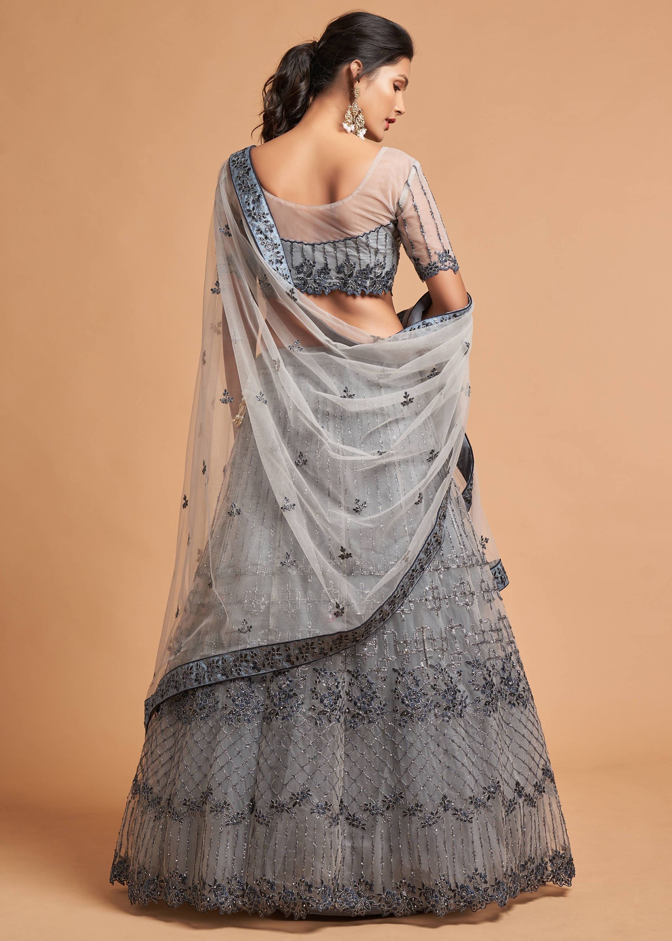 Grey Lehenga Choli With Zari, Badla, Dori And Threads Embroidery Work