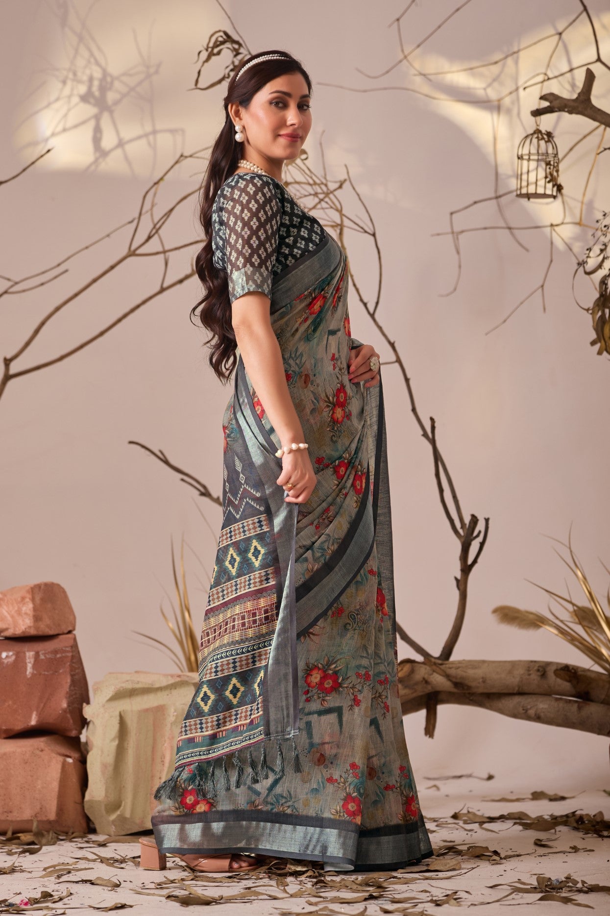 Grey Linen Cotton Saree With Digital Printed Classic Traditional Design