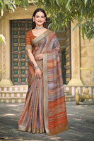 Grey Linen Cotton Woven Border Designer Printed Saree