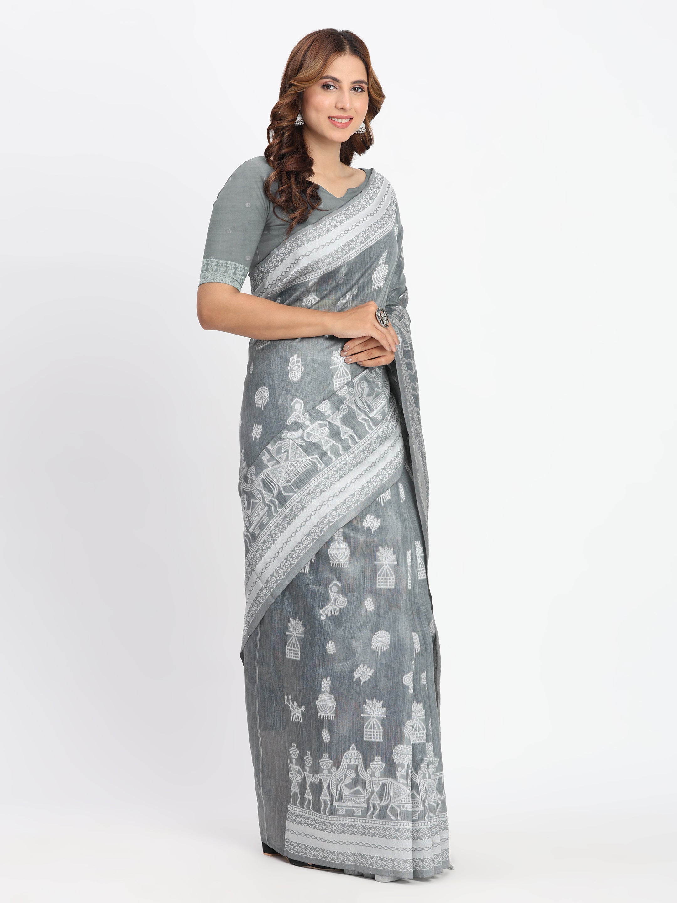 Grey Linen Cotton Woven Designer Graceful Ethnic Saree