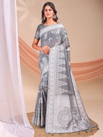Grey Linen Cotton Woven Jacquard Designer Beautiful Partywear Saree