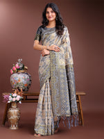 Grey Linen Cotton Woven Jacquard Designer Beautiful Traditional Saree