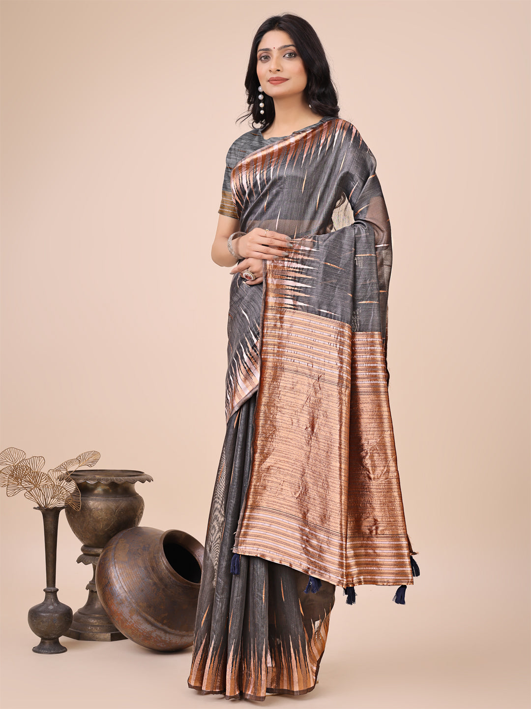 Grey Linen Cotton Woven Jacquard Designer Festive Wear Saree