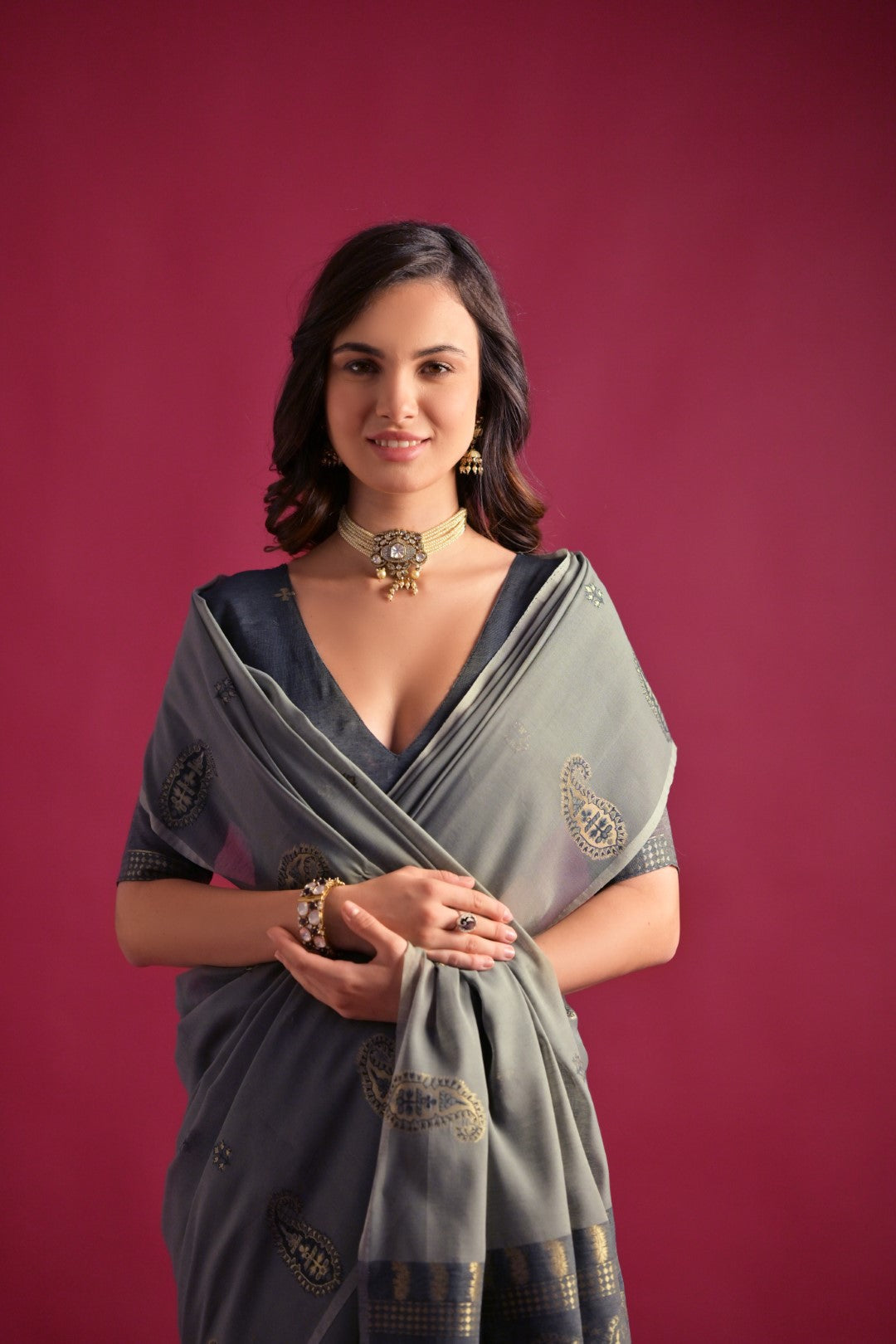 Grey Mul Cotton Saree with Keri Pallu and Butti Weaves