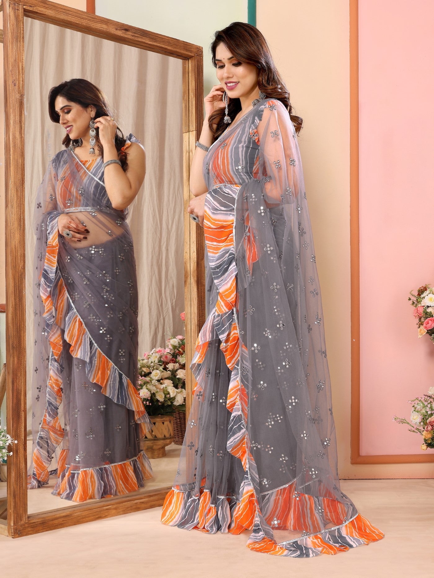 Grey Net Saree with Mirror Work & Ruffle with Leheriya Blouse