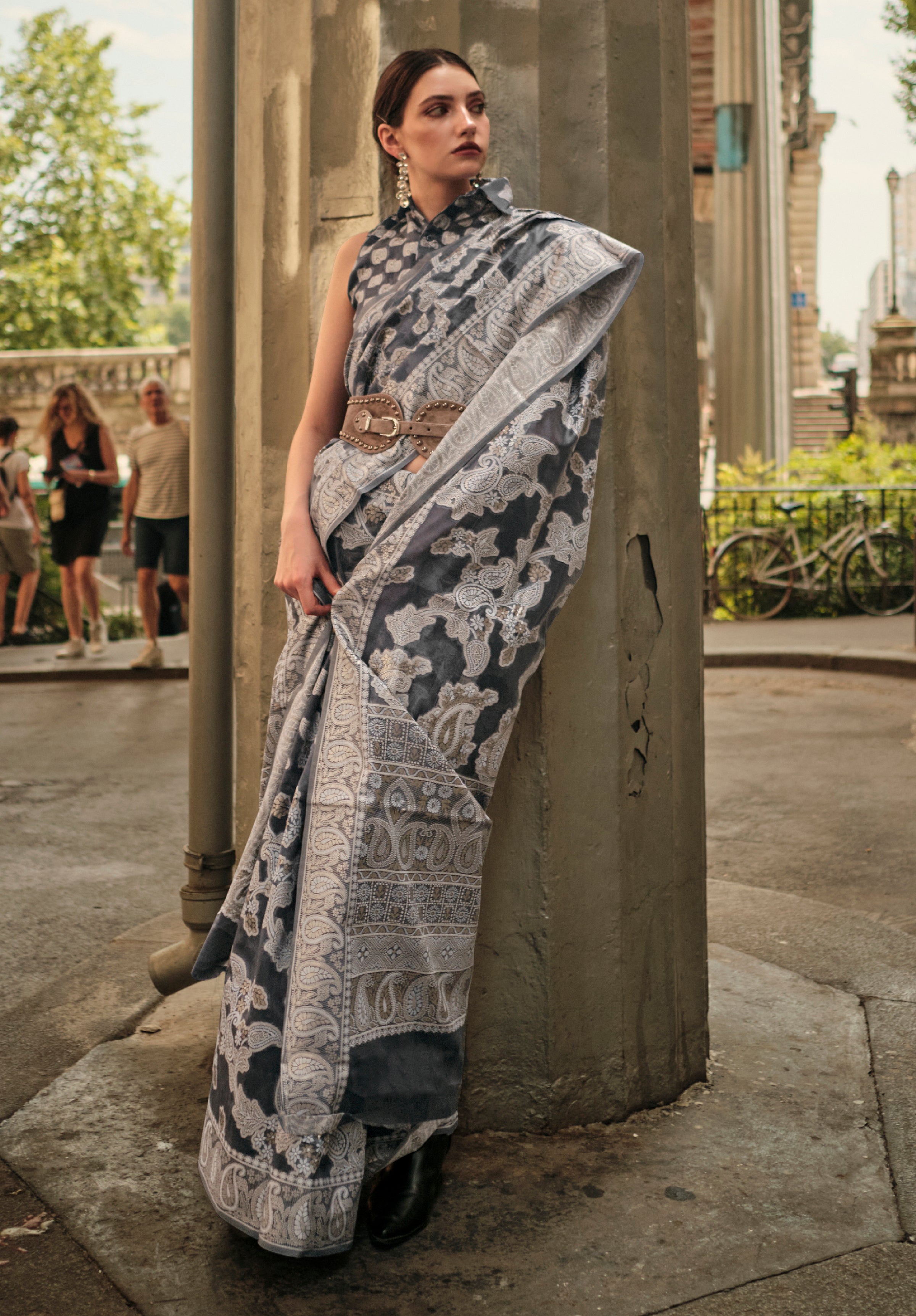 Grey Organza Saree With Jacquard Woven Chikankari Work