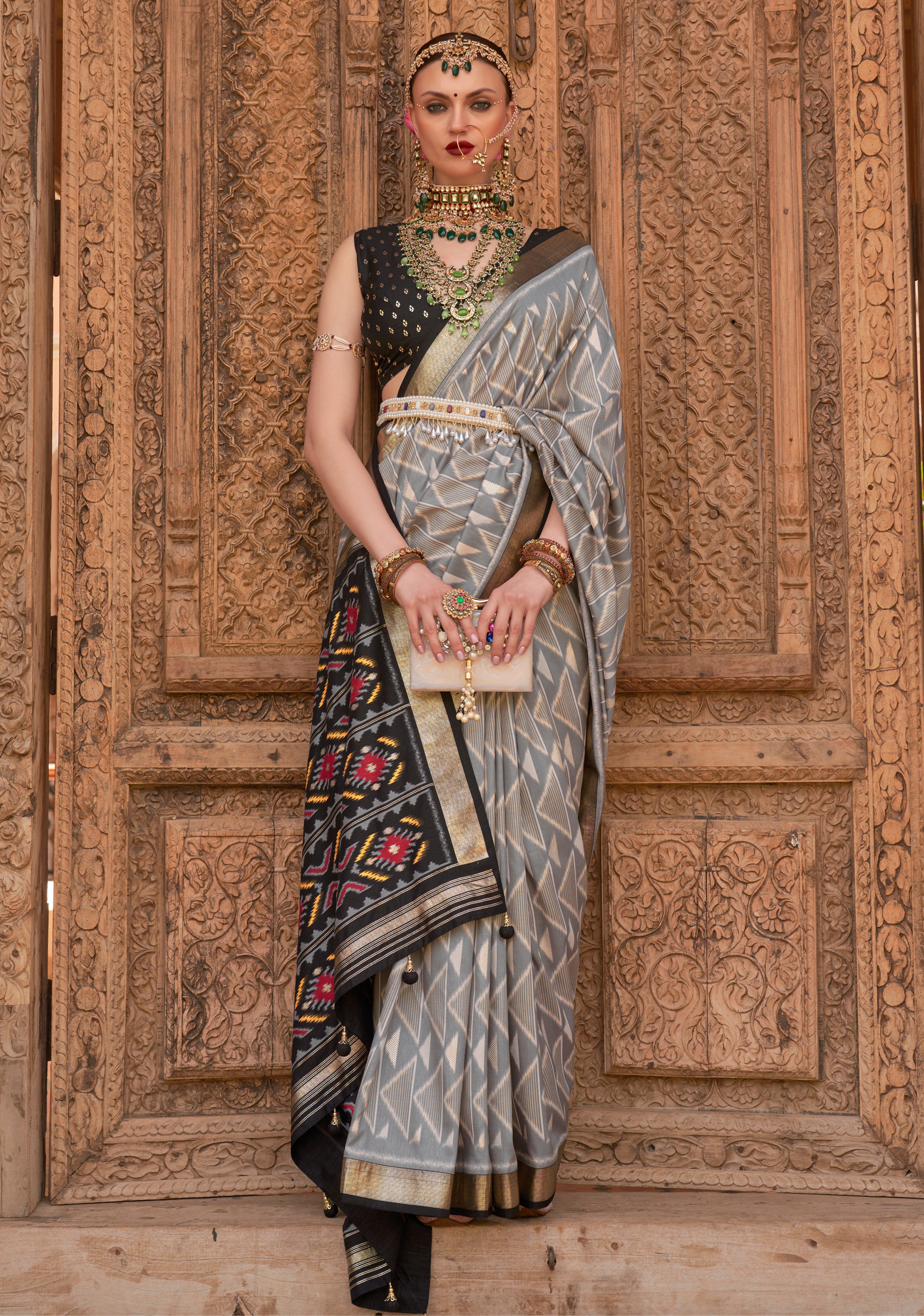 Grey PV Silk Saree with  Printed