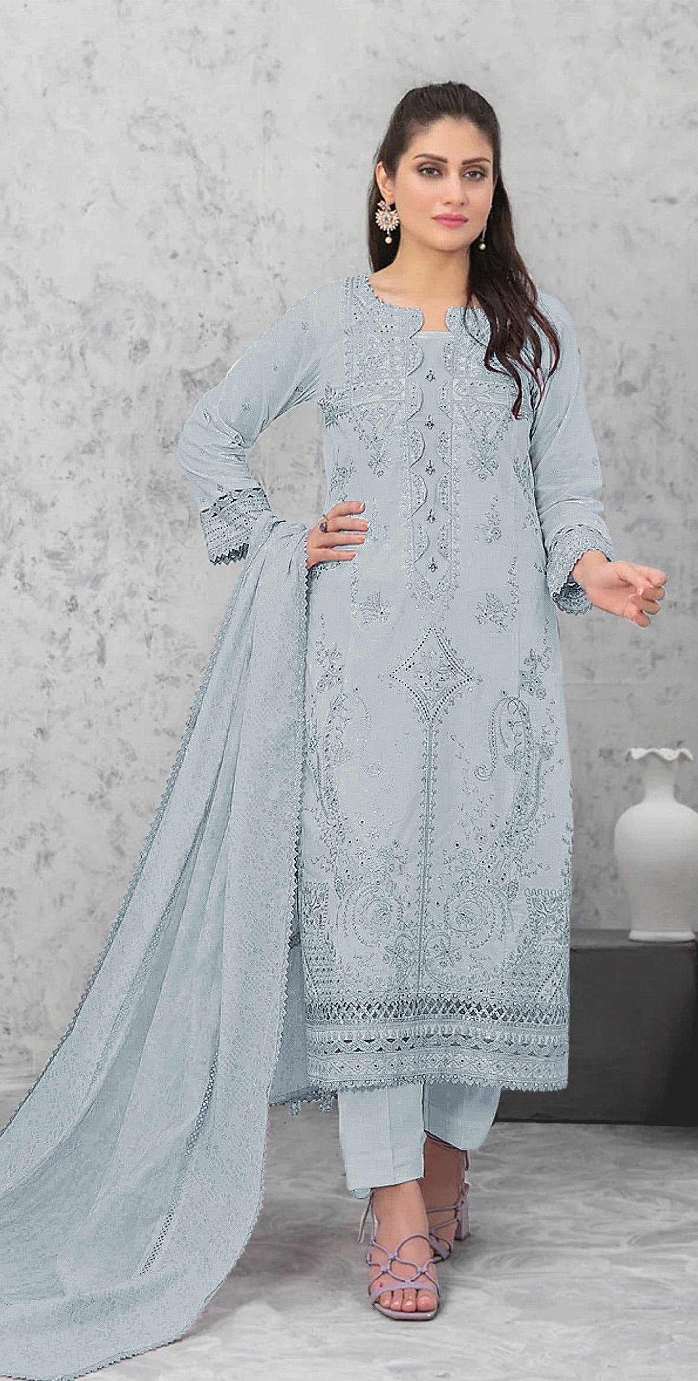 Grey Pakistani Salwar Suit With Heavy Embroidery Work