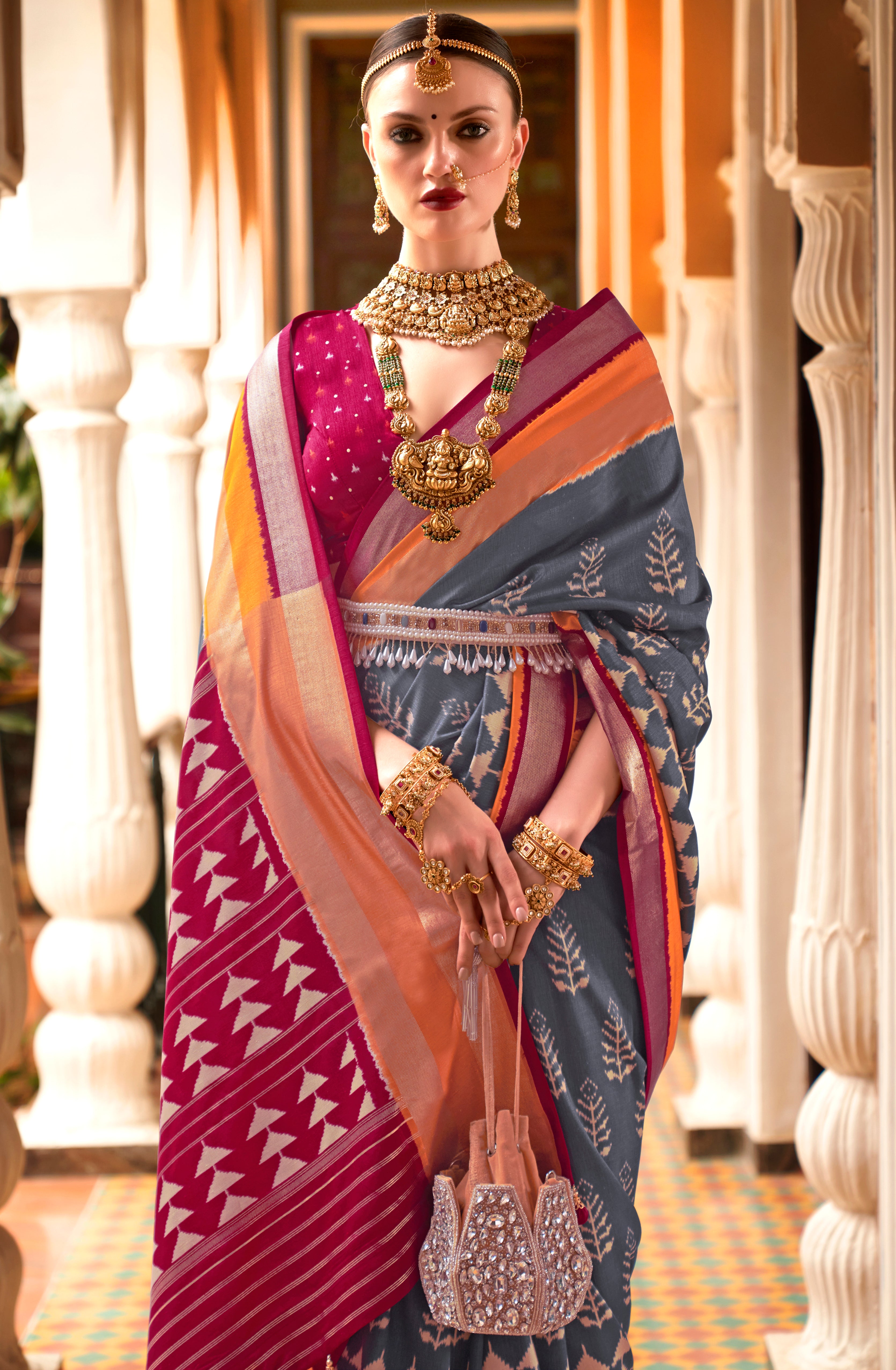 Grey Patola Silk Saree with  Printed