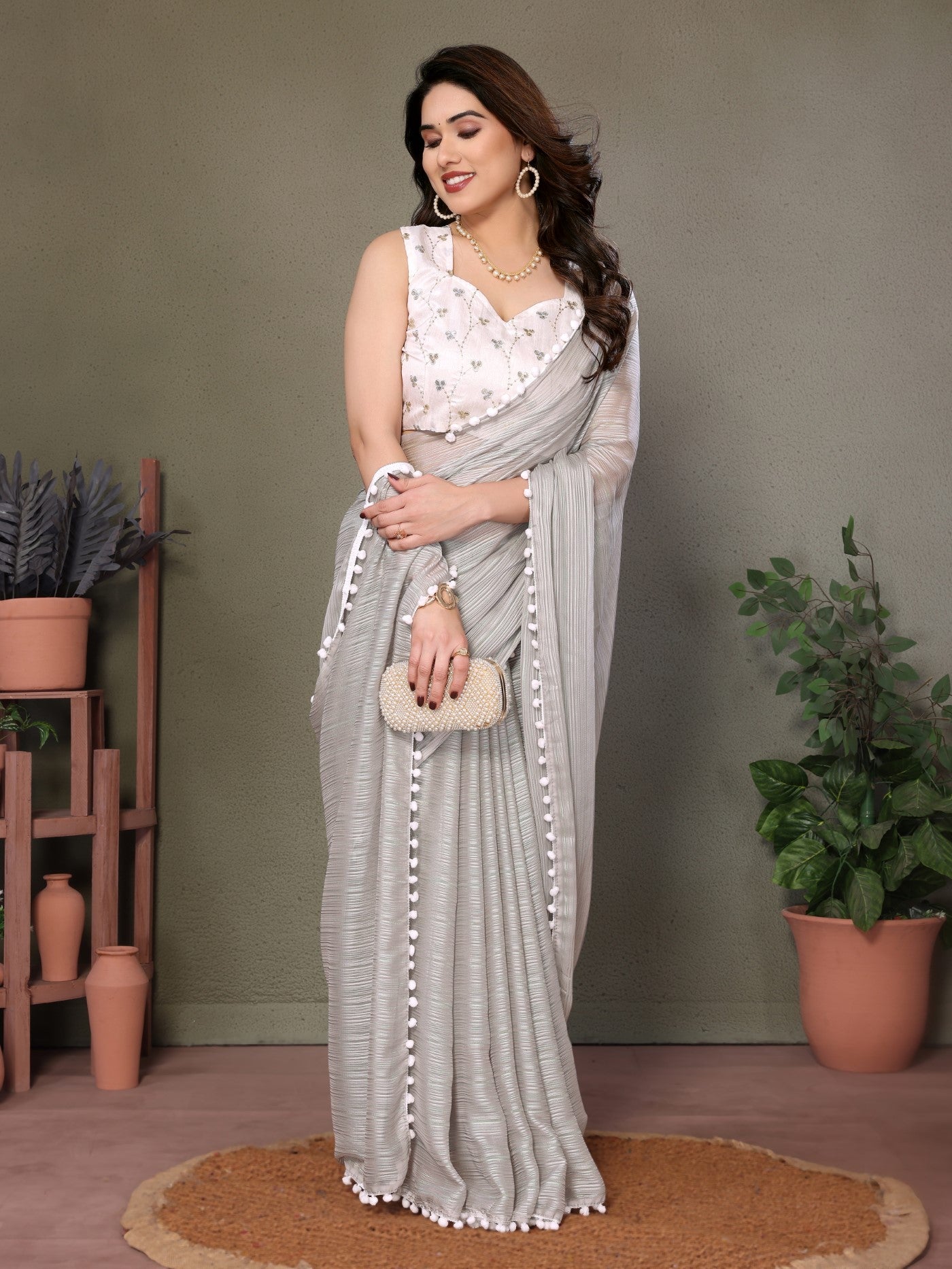 Grey Polyester Zari Saree With Plain Saree With Embroidery Work Blouse And Pum Pum Lace