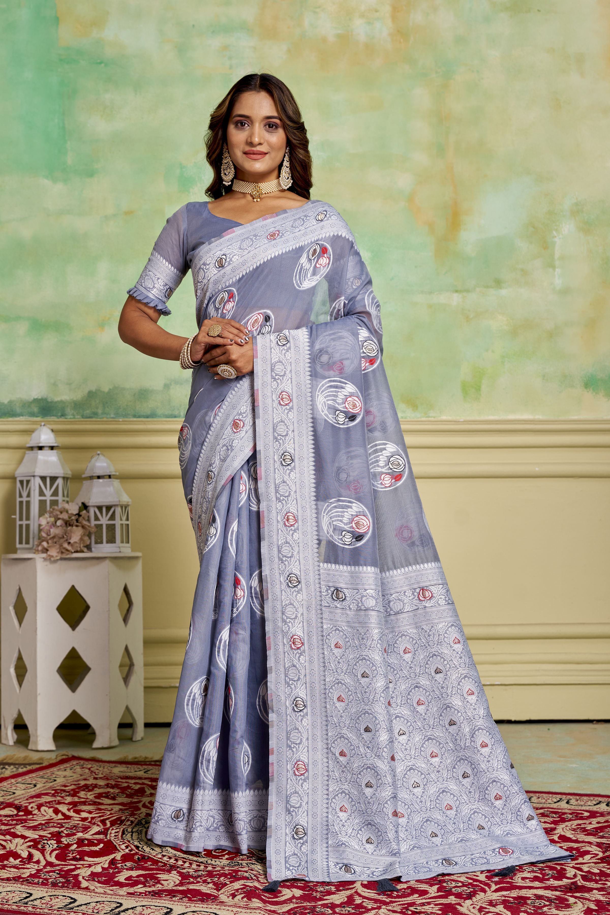 Grey Rich And Elegant Woven Designer Cotton Fabric Saree