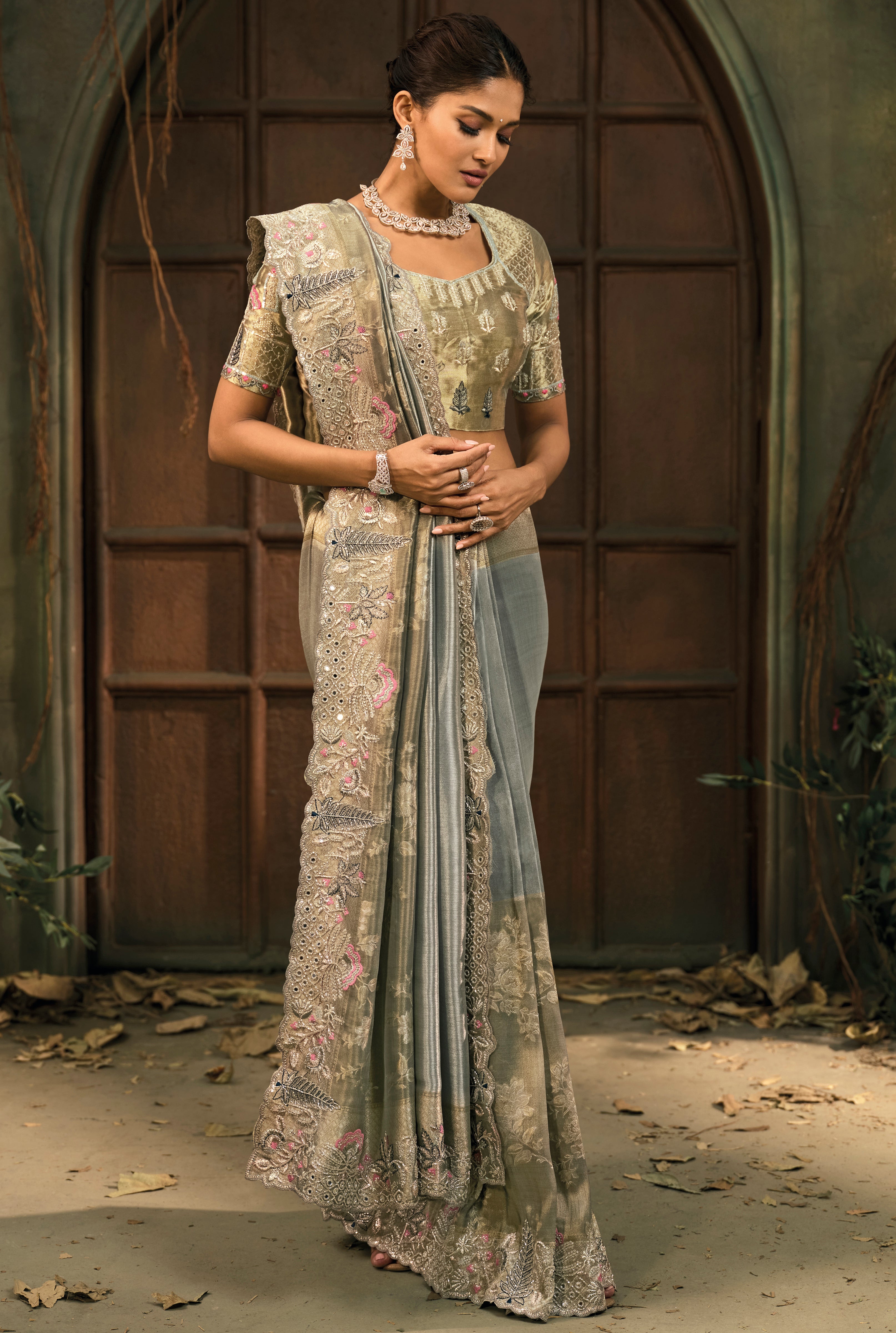 Grey Saree With  Jari, Thread, Cut-Dana With Moti Heavy Work