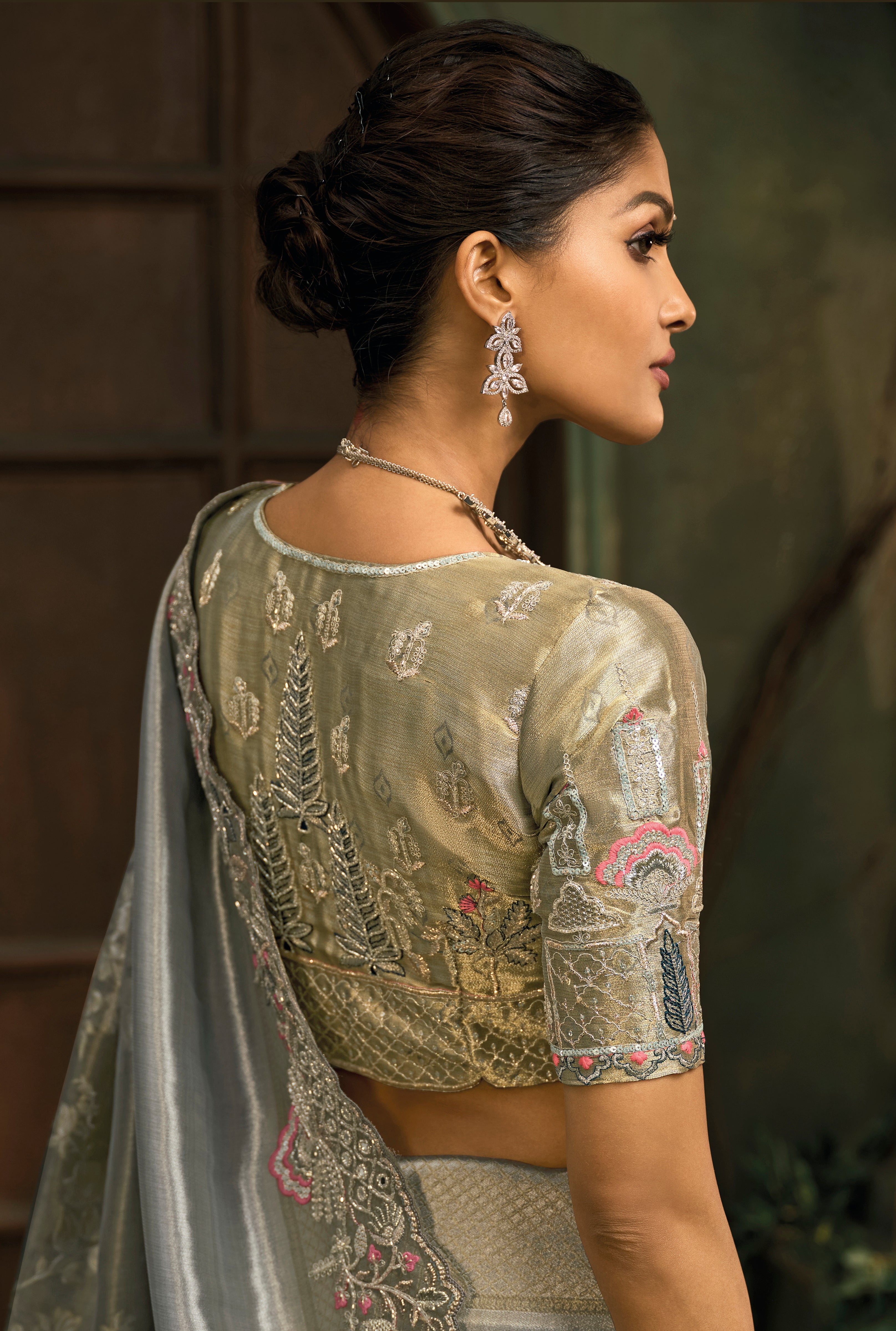 Grey Saree With  Jari, Thread, Cut-Dana With Moti Heavy Work
