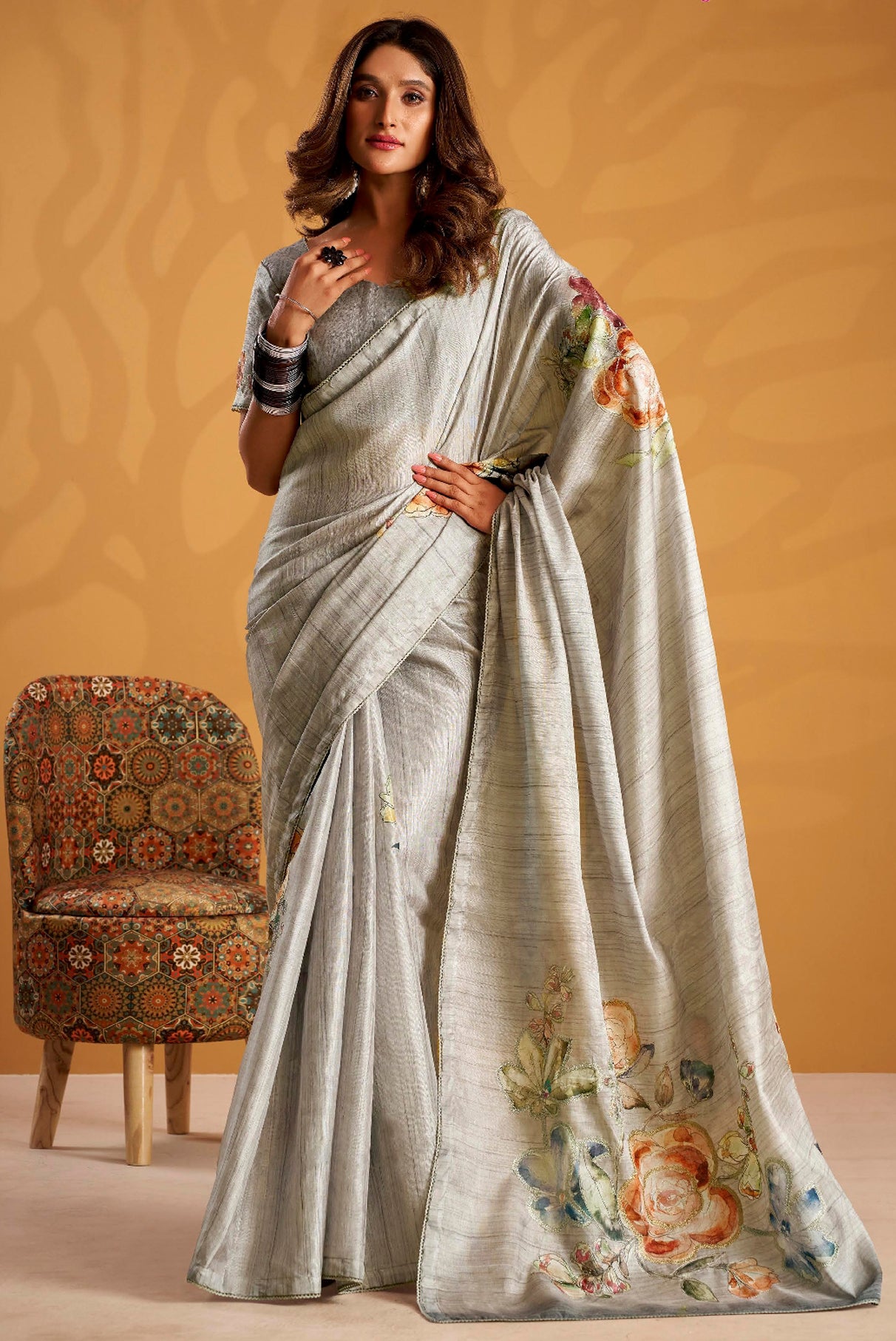 Grey Saree With  Printed With Kasheeda work
