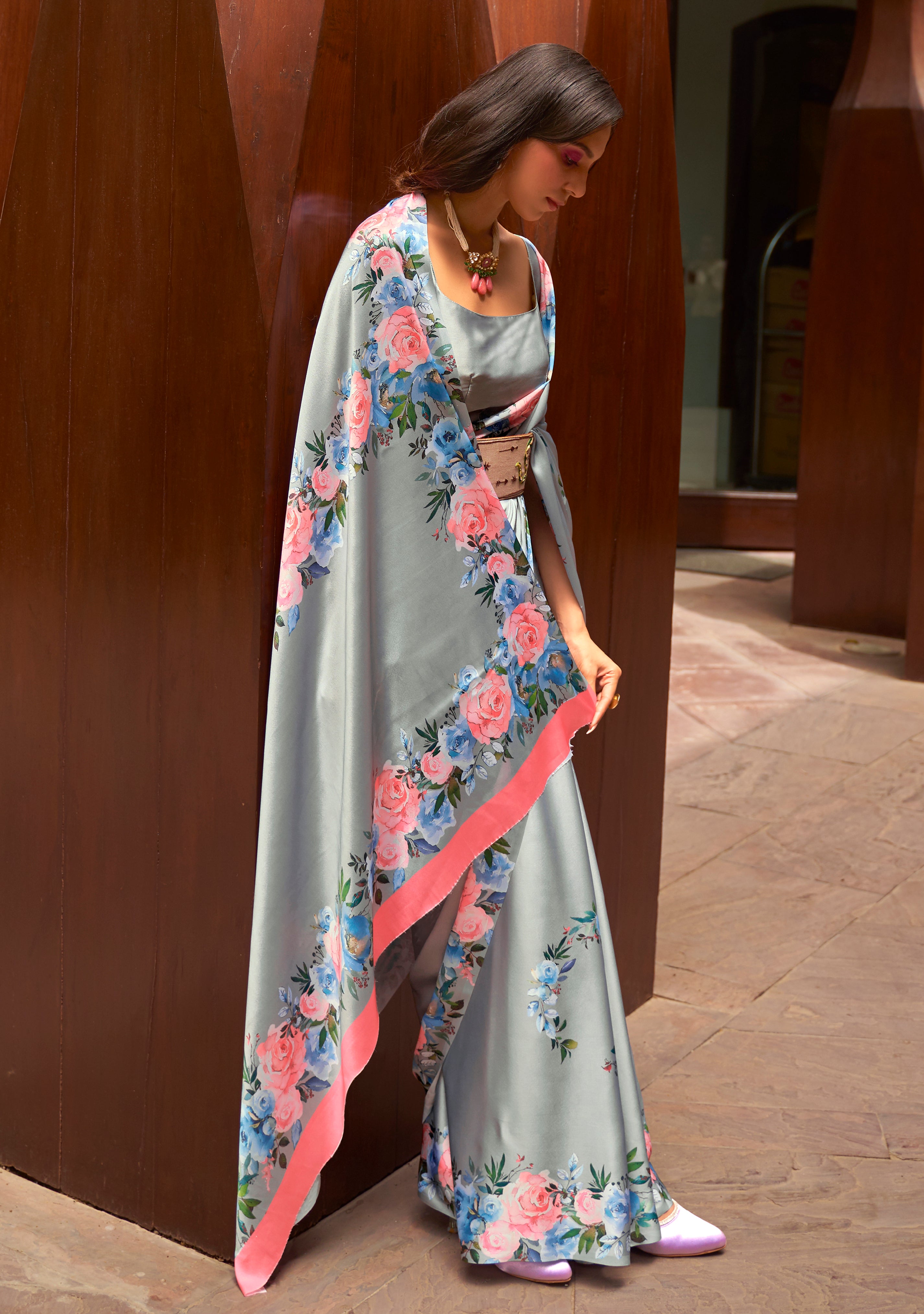Grey Satin Crepe  Saree With Digital Printed Work