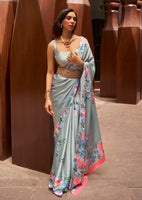Grey Satin Crepe  Saree With Digital Printed Work
