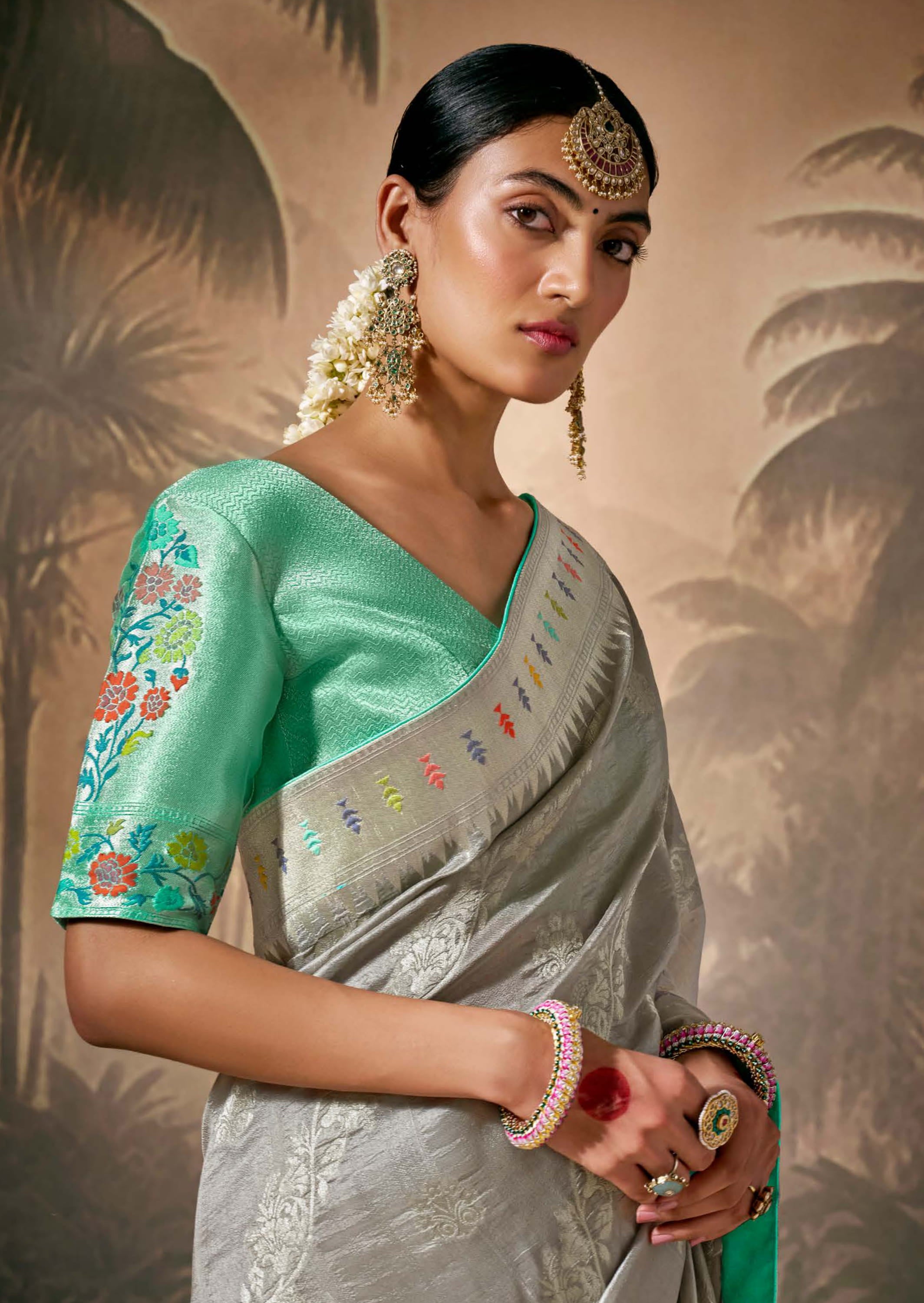 Grey Silk Saree With  Jacquard Woven