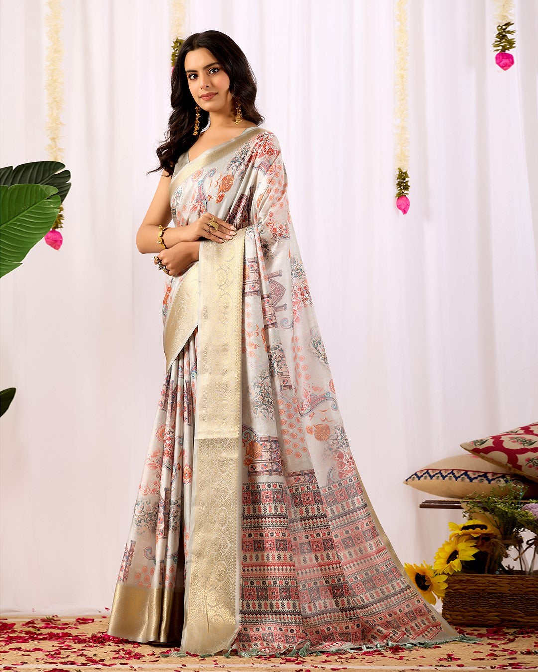 Grey Soft Lichi Silk Saree With Digital Printed Elegant Classic Saree