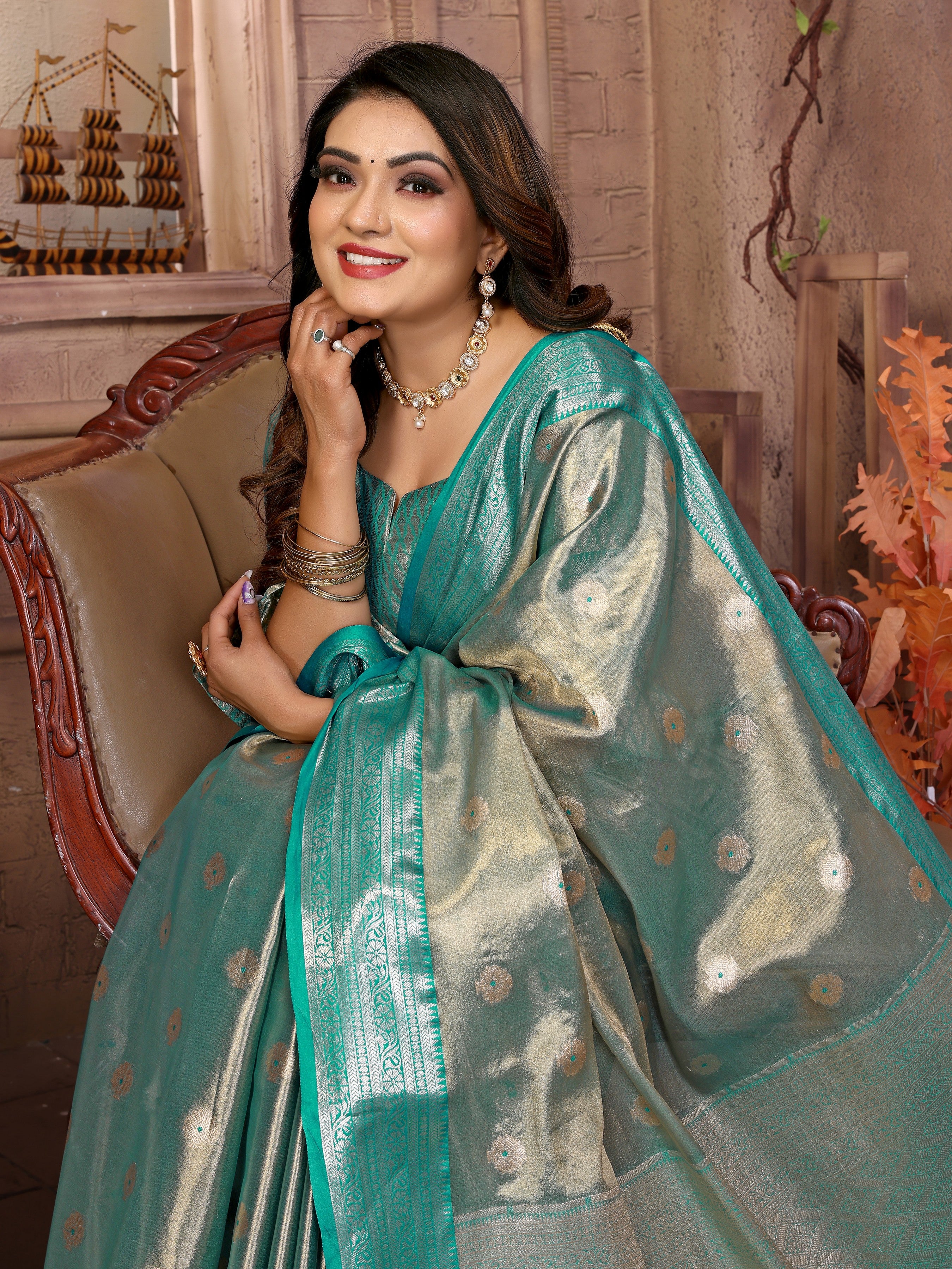 Grey Tissue Silk Ethnic Saree With Woven Handloom Designer