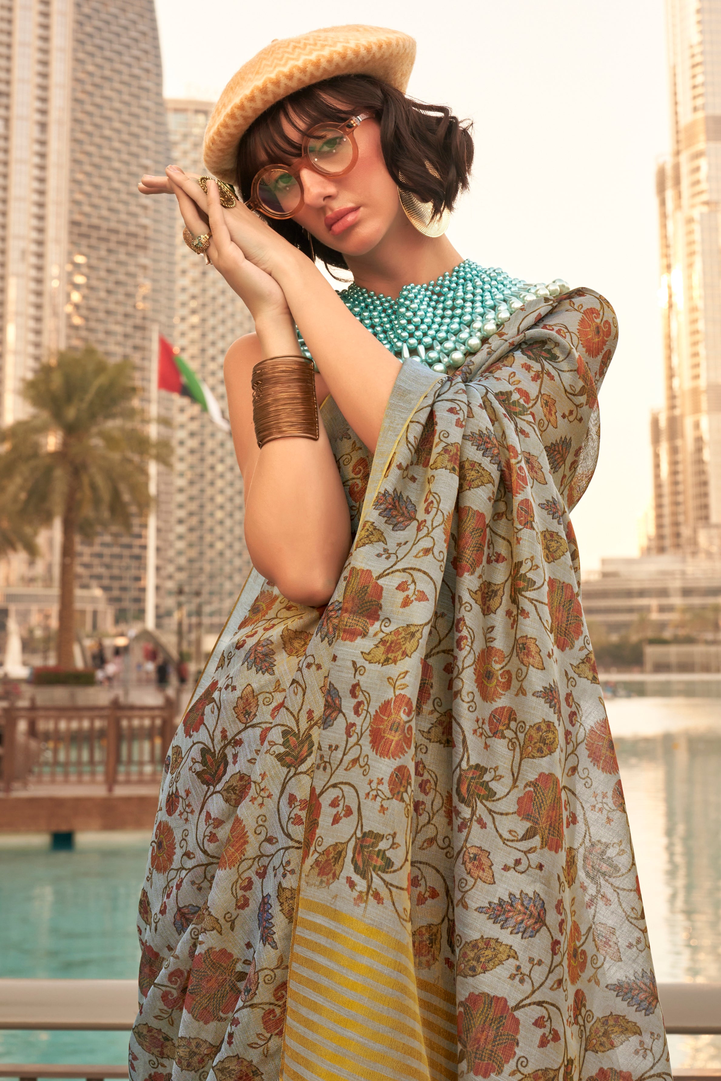 Grey Tissue Silk Saree With  Printed