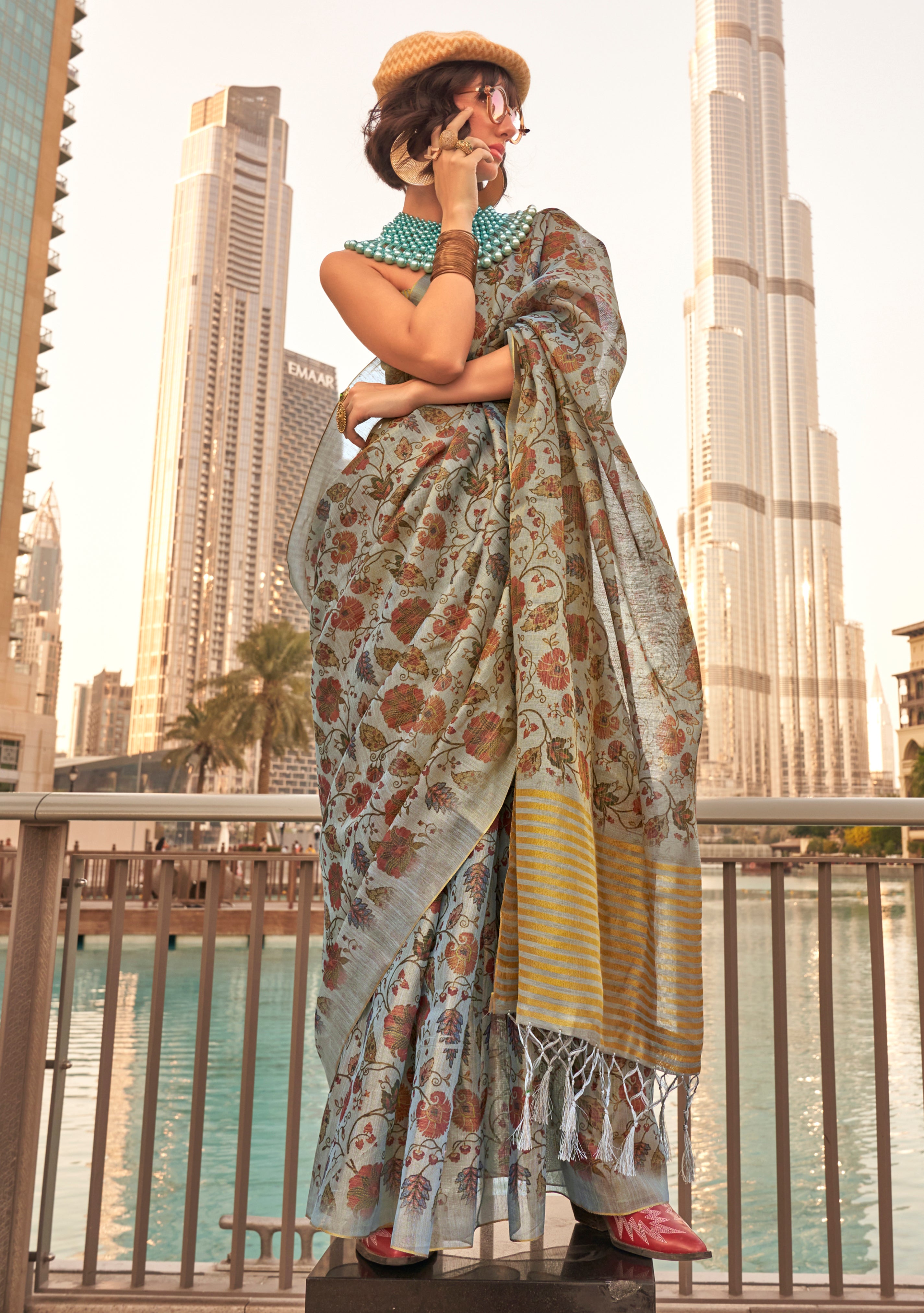Grey Tissue Silk Saree With  Printed