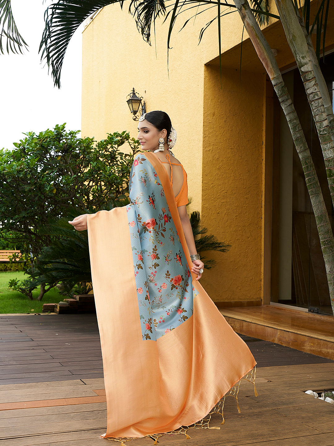 Grey Trendy Crepe Saree With Woven Zari Patta And Designer Print Work