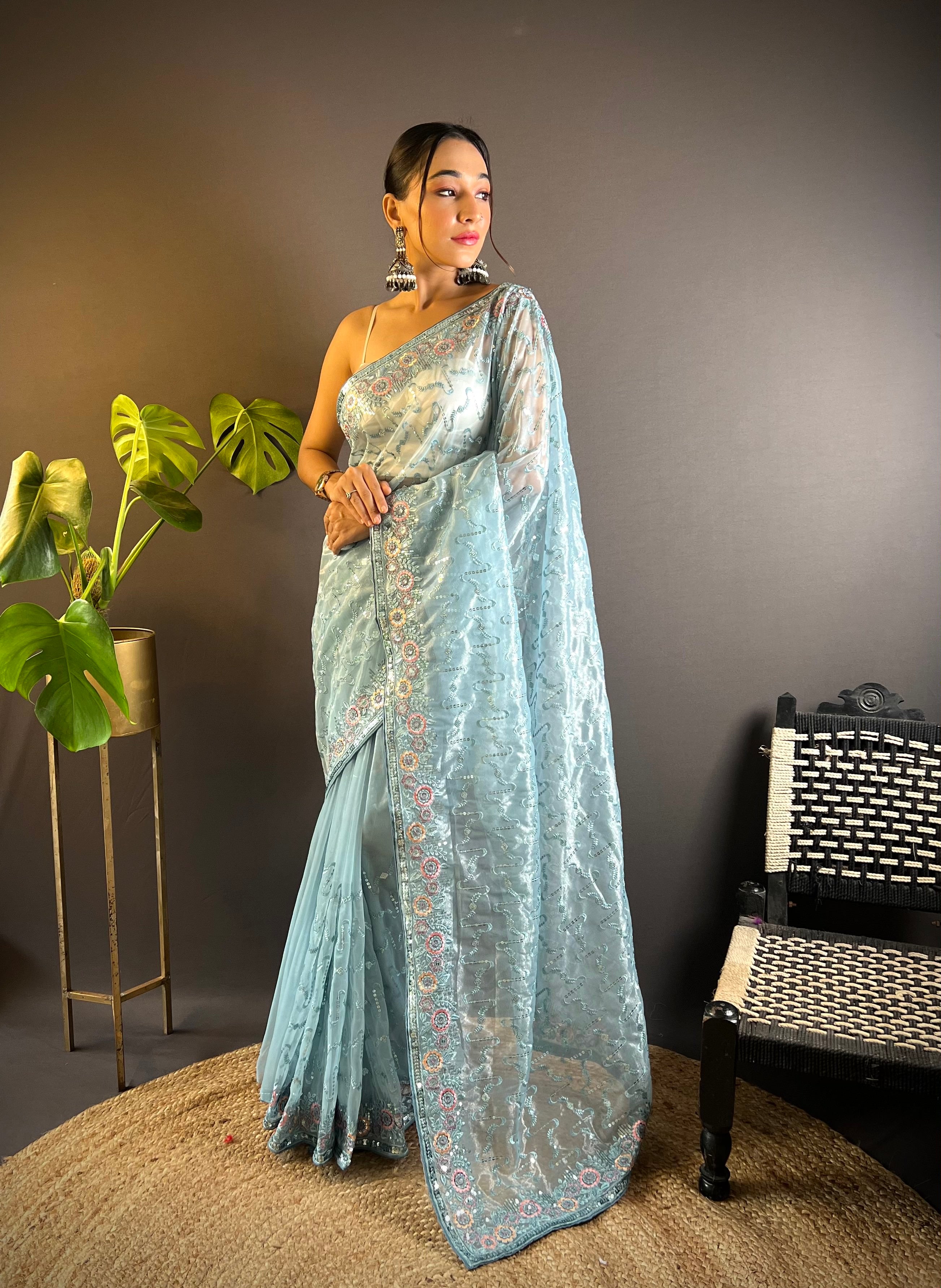 Grey Twill Net Fabric Designer Girlie Saree With Trendy Embroidered Saree