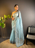 Grey Twill Net Fabric Designer Girlie Saree With Trendy Embroidered Saree