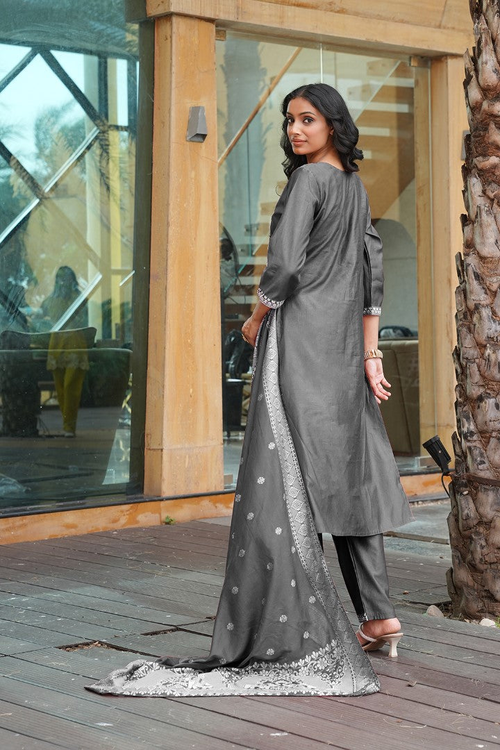 Grey Vatican Designer Suit Set With Handcrafted Embroidery