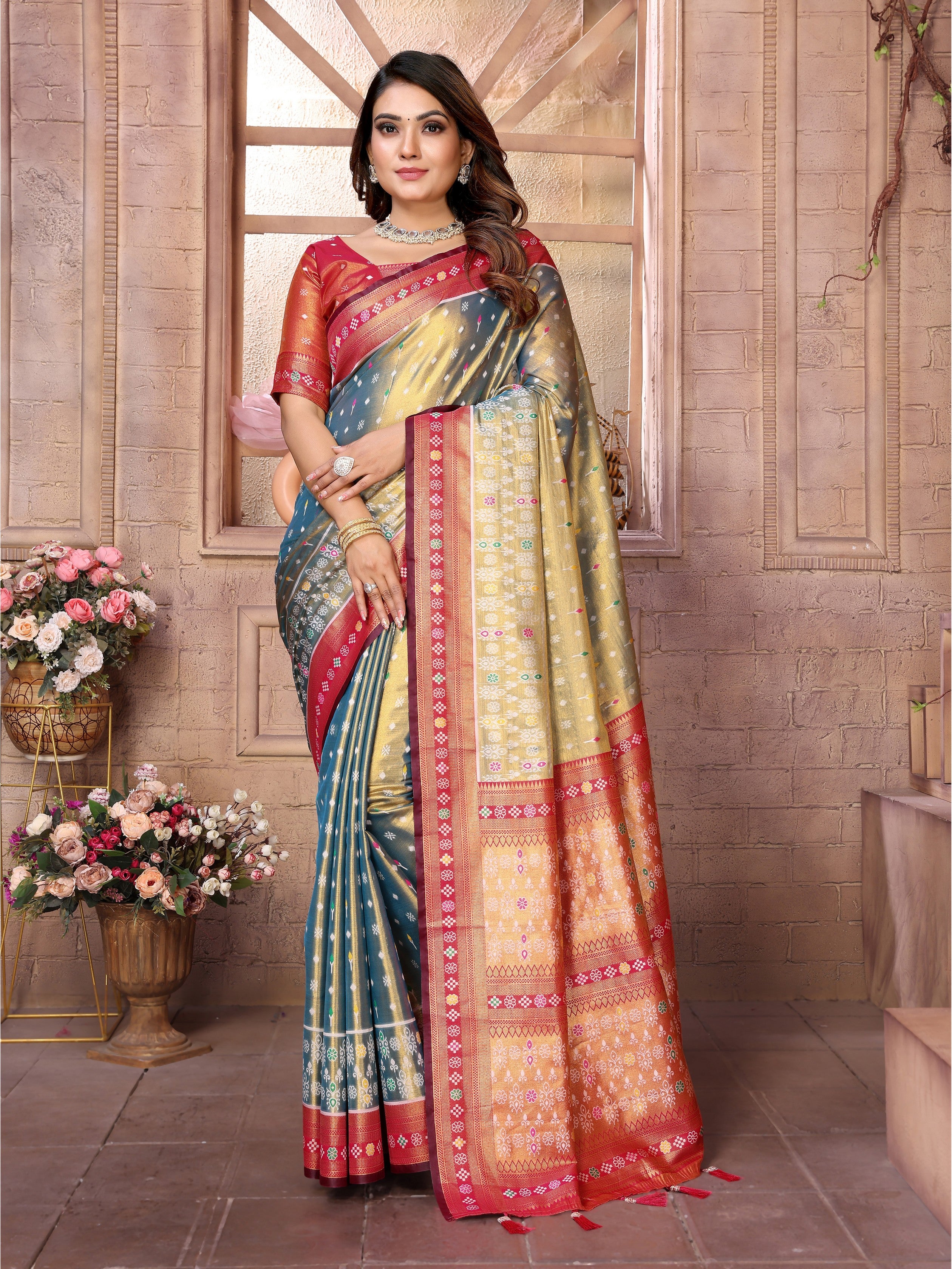 Grey Woven Patola Designer Banarasi Tissue Silk Saree