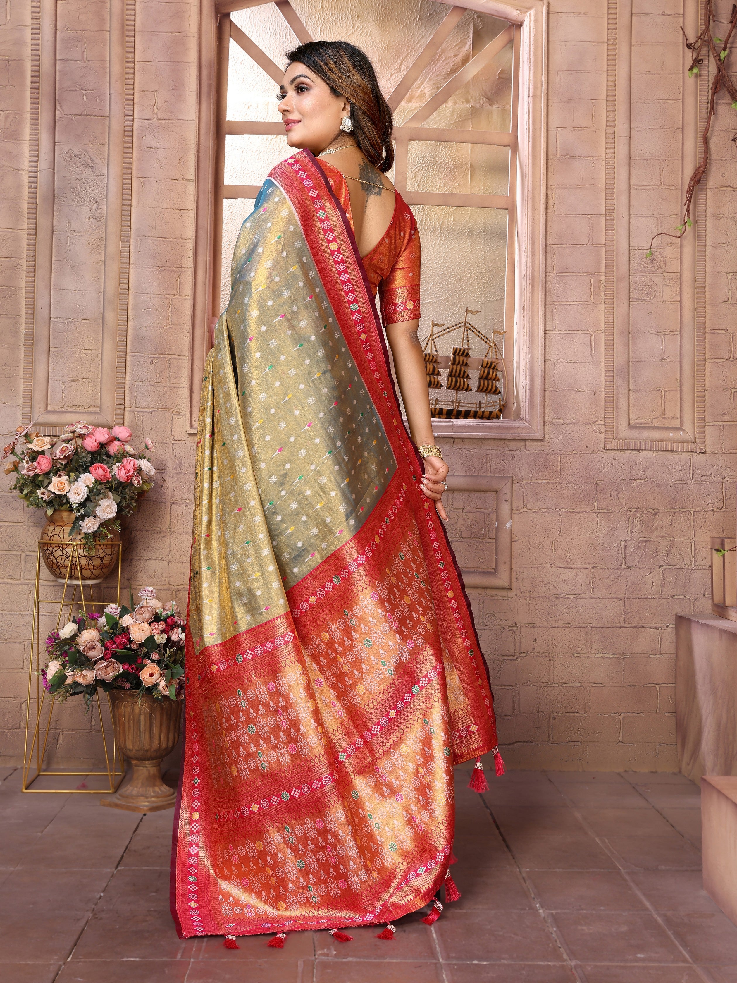 Grey Woven Patola Designer Banarasi Tissue Silk Saree