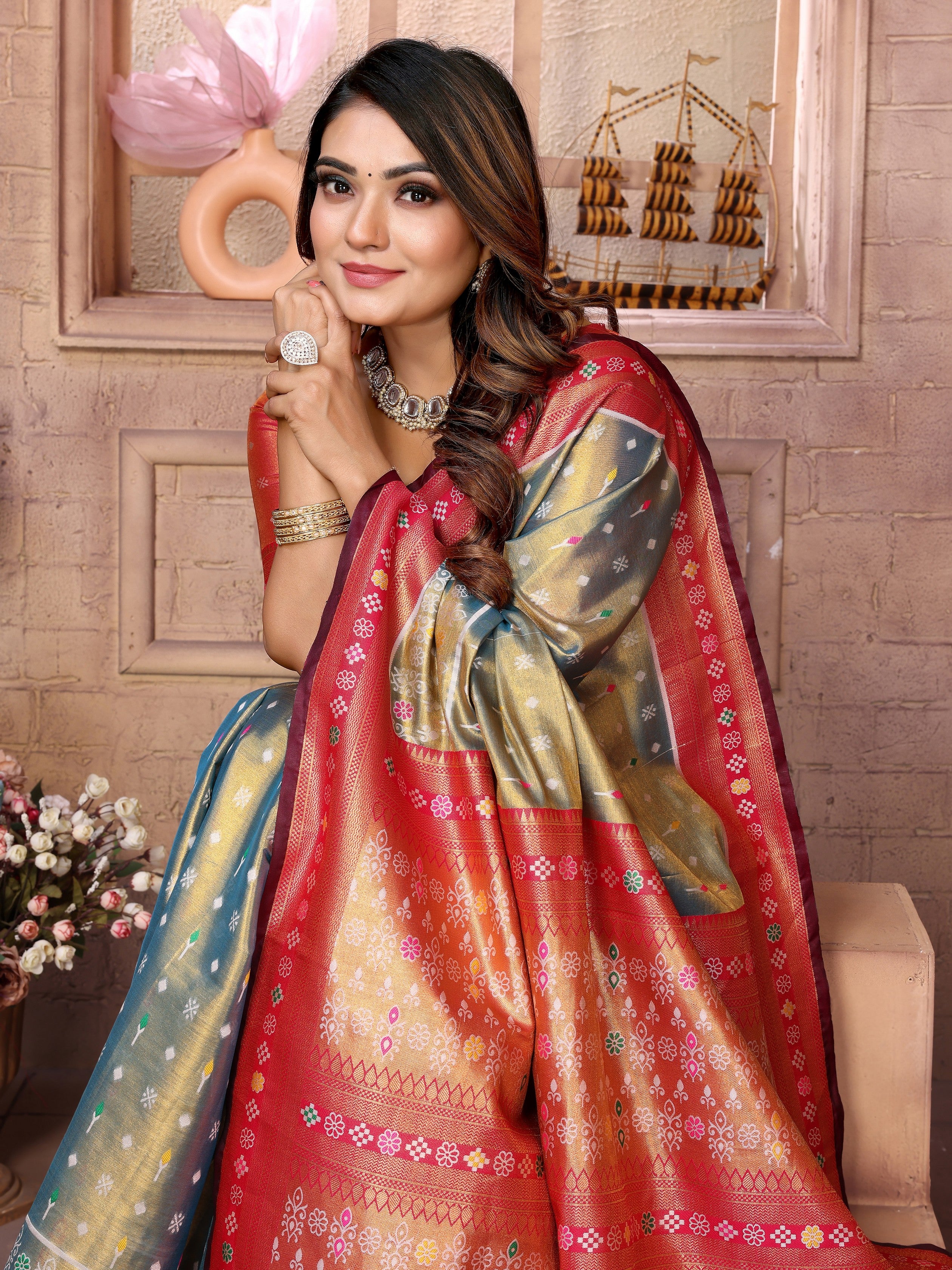 Grey Woven Patola Designer Banarasi Tissue Silk Saree