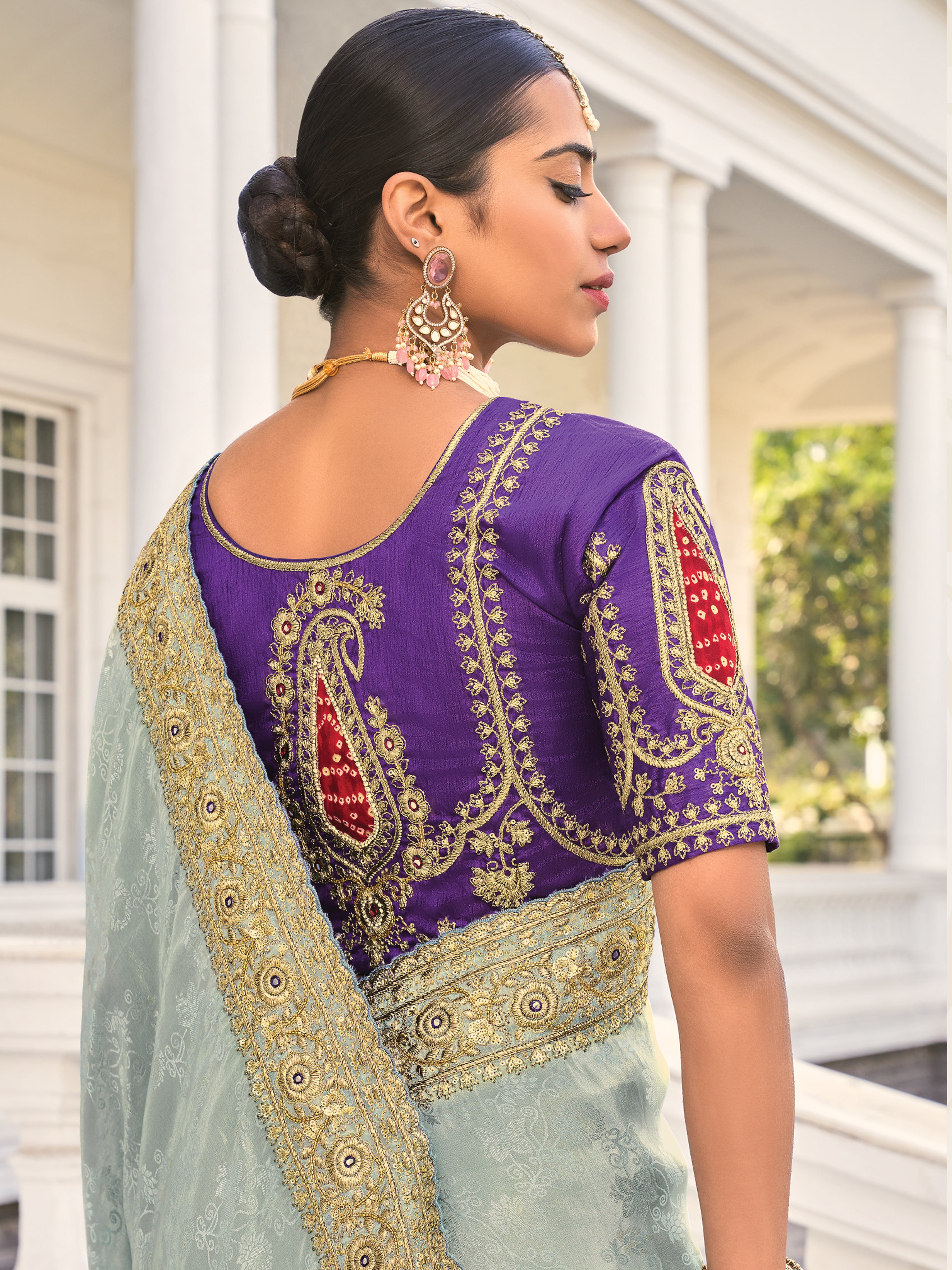 Grey & Blue Natural Crepe Jacquard Saree With Embroidery Work